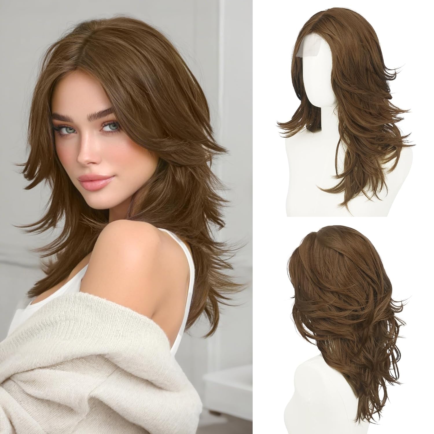 Haloo Brown Layered Wigs with Curtain Bangs Lace Front Hairline Long Wavy Natural Looking Middle Part Synthetic Hair Wig for Women Daily Party Costume, 20 Inch Dark Brown