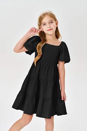Batermoon Girls Boho Square Neck Puff Sleeve Off Shoulder Smocked Tiered Casual A Line Short Mini Dress