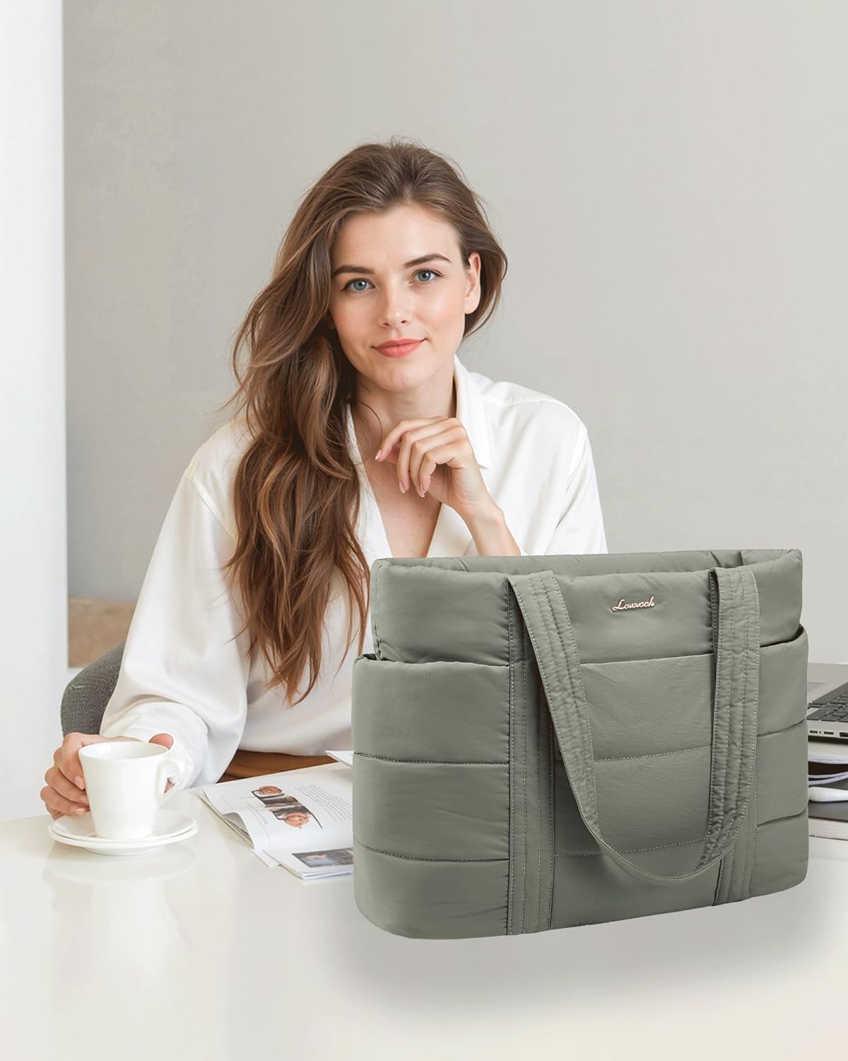 LOVEVOOK Tote Bag for Women, Large Puffer Work Tote Laptop Bag, Lightweight Travel Tote Bag with Zipper Gifts for Women - Image 3