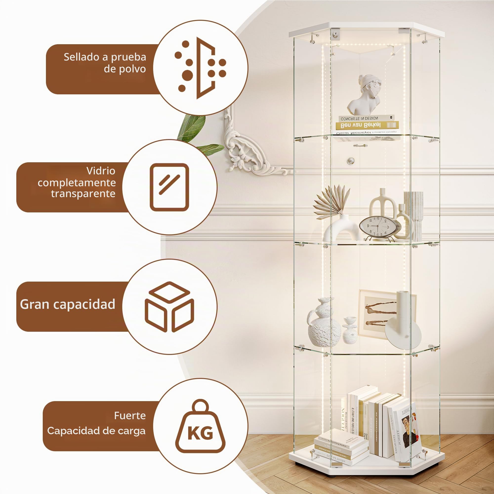 Escaparate de cristal con iluminación LED, armario de colección moderno de cristal de 4 capas, 1 puerta, con puerta y cerradura de armario, almacenamiento (blanco 5 lados A, 1 puerta, 4")