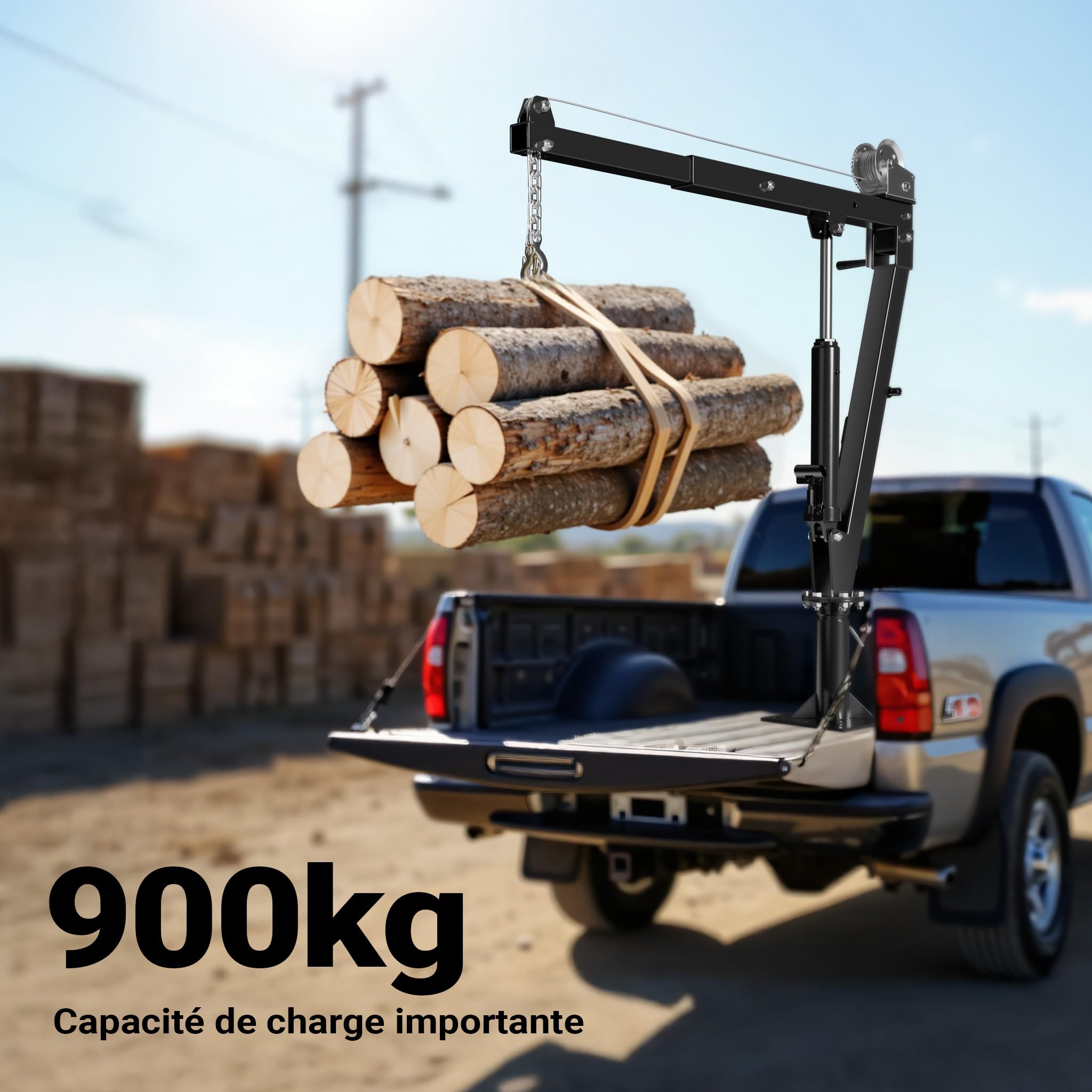Wiltec Grue de levage de pick-up – Capacité de charge max. de 900 kg – Chèvre mécanique d'atelier avec Socle massif Bras pivotant à 360° et Treuil – Ancrage Fixation au sol et Remorque