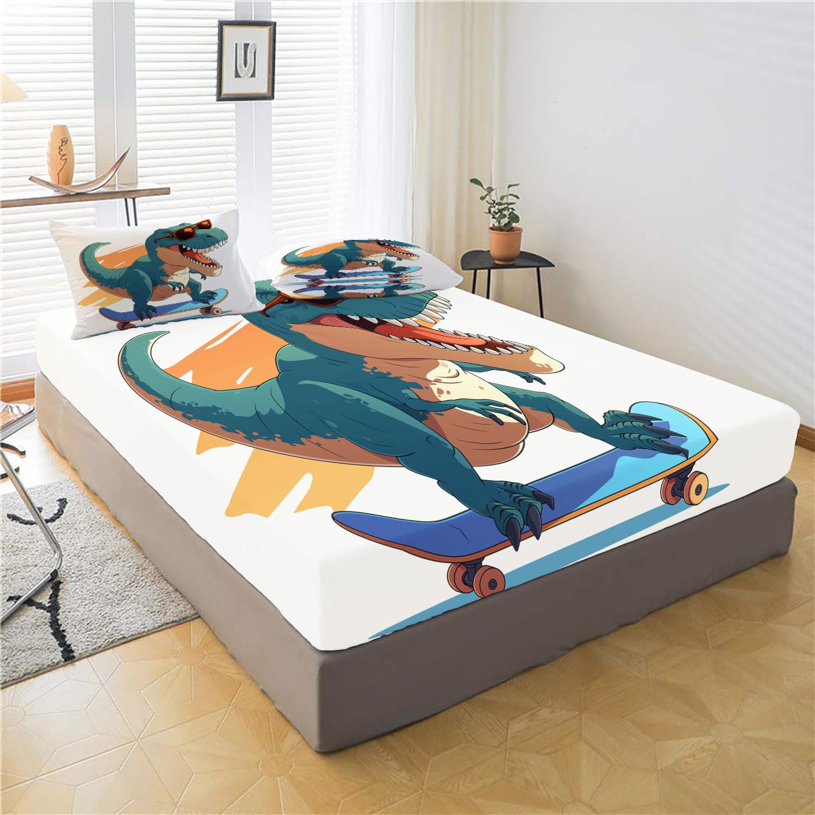 Lenzuola Letto Matrimoniale 140X200Cm Poster Di Dinosauri Lenzuolo Con Angoli In Microfibra - Profondità 30 Cm, 3D Stampa Animali Dei Cartoni Animati Coprimaterasso Traspirante E Lavabile Federe
