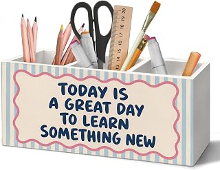 Motivational Classroom 3 Compartment Pen Holder Organizer for Desk | Today is a Great Day to Learn Something New Inspirational Wooden Box Sign Desk Decorations for Girls Room Bedroom Dorm Decor