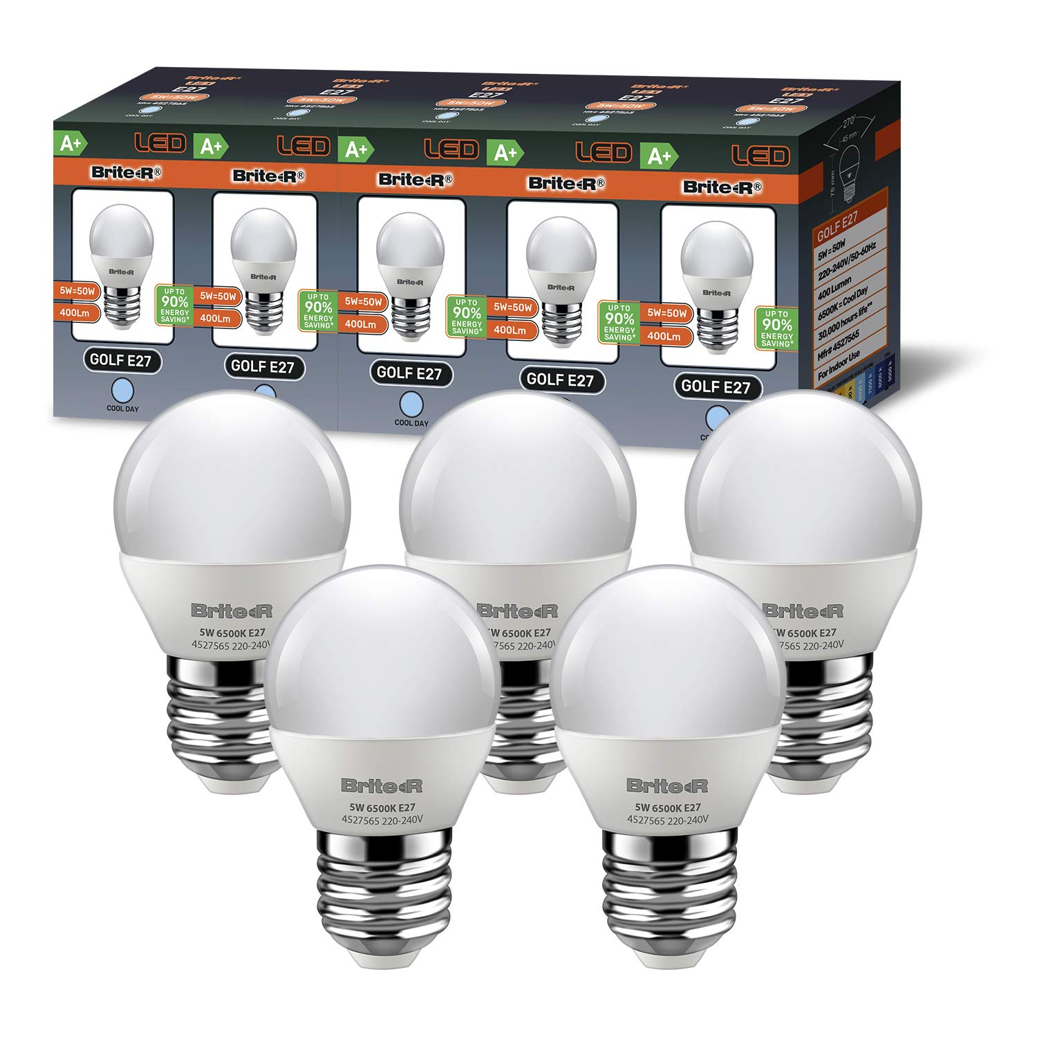 Brite-R 5X E27 ES Golf LED Bulbs 5W Cool White Daylight 270° Beam 6500K 400lm 90% Energy Save* 50W Halogen Replacement Lamp AC220-240V WideAngle Frosted Home Office Lighting 2yr Warranty Pack of 5