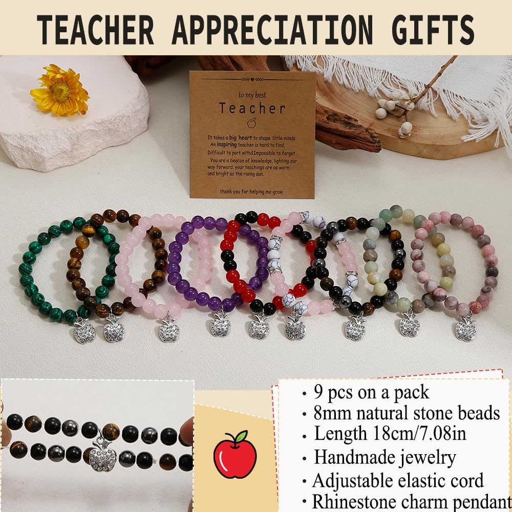 COLOYAN 9PCS Teacher Appreciation Gifts Natural Stone Beaded Bracelets for Women Men, Crystals Bracelet Gifts for Teacher, Thank You Teacher Gifts with Meaningful Card - Image 2