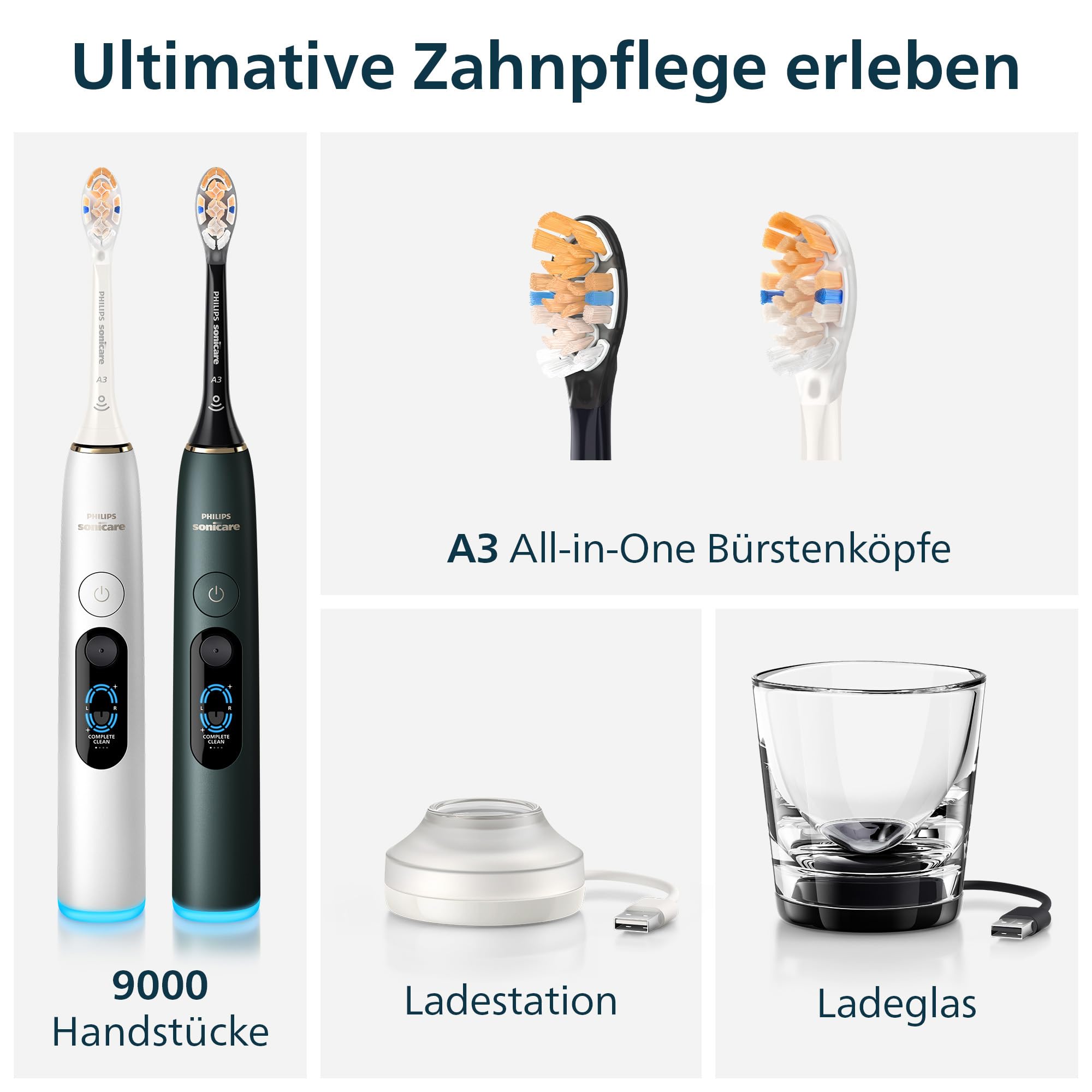 Philips Sonicare Next-Generation DiamondClean 9000 elektrische Zahnbürste - Feedback zur Putzabdeckung, Andruckkontrolle und 21 Einstellungen, Silberweiß & Mitternachtsgrün, 2er-Pack, HX9216/89