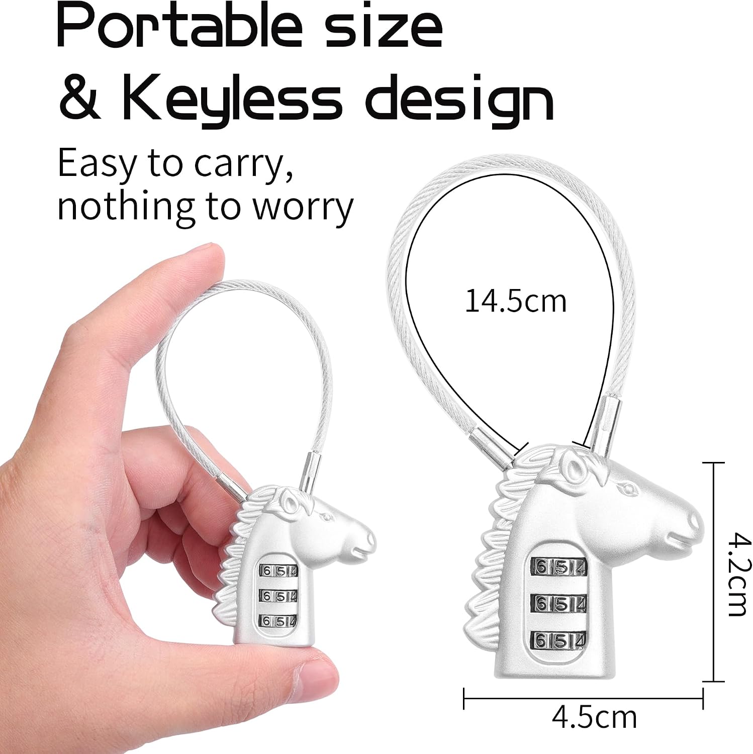Horse Shape 3-Digit Cable Combination Padlock-Grey | Flexible steel cable design fits luggage, backpack, gym locker, fence for indoor and outdoor daily anti-theft protection