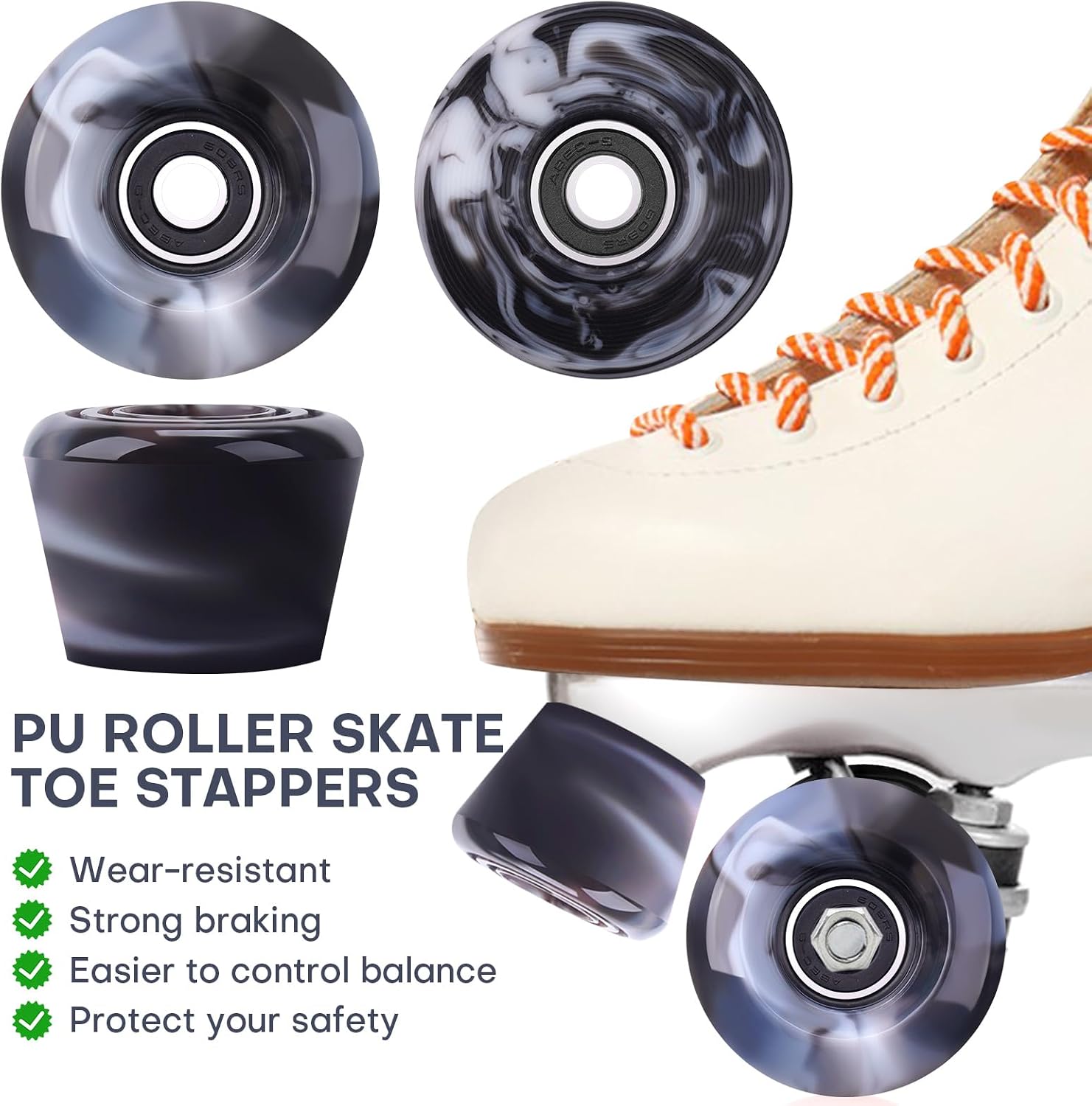 8 Pack 32 x 58, 82A Quad Roller Skate Wheels with Bearing Installed and 2 Toe Stoppers for Double Row Skating,Replacment Accessories Suitable for Outdoor or Indoor