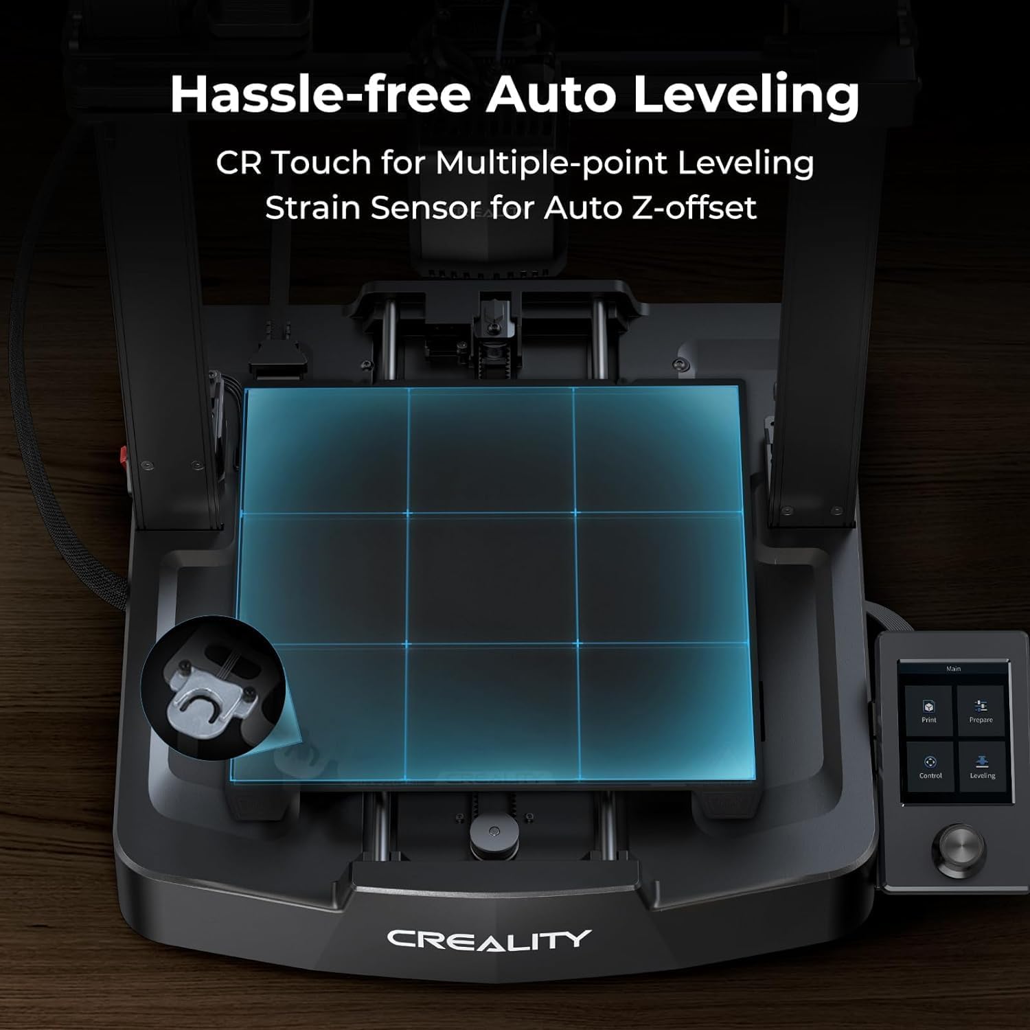 Close-up of the Creality Ender 3 V3 SE print bed showing the CR Touch sensor in action