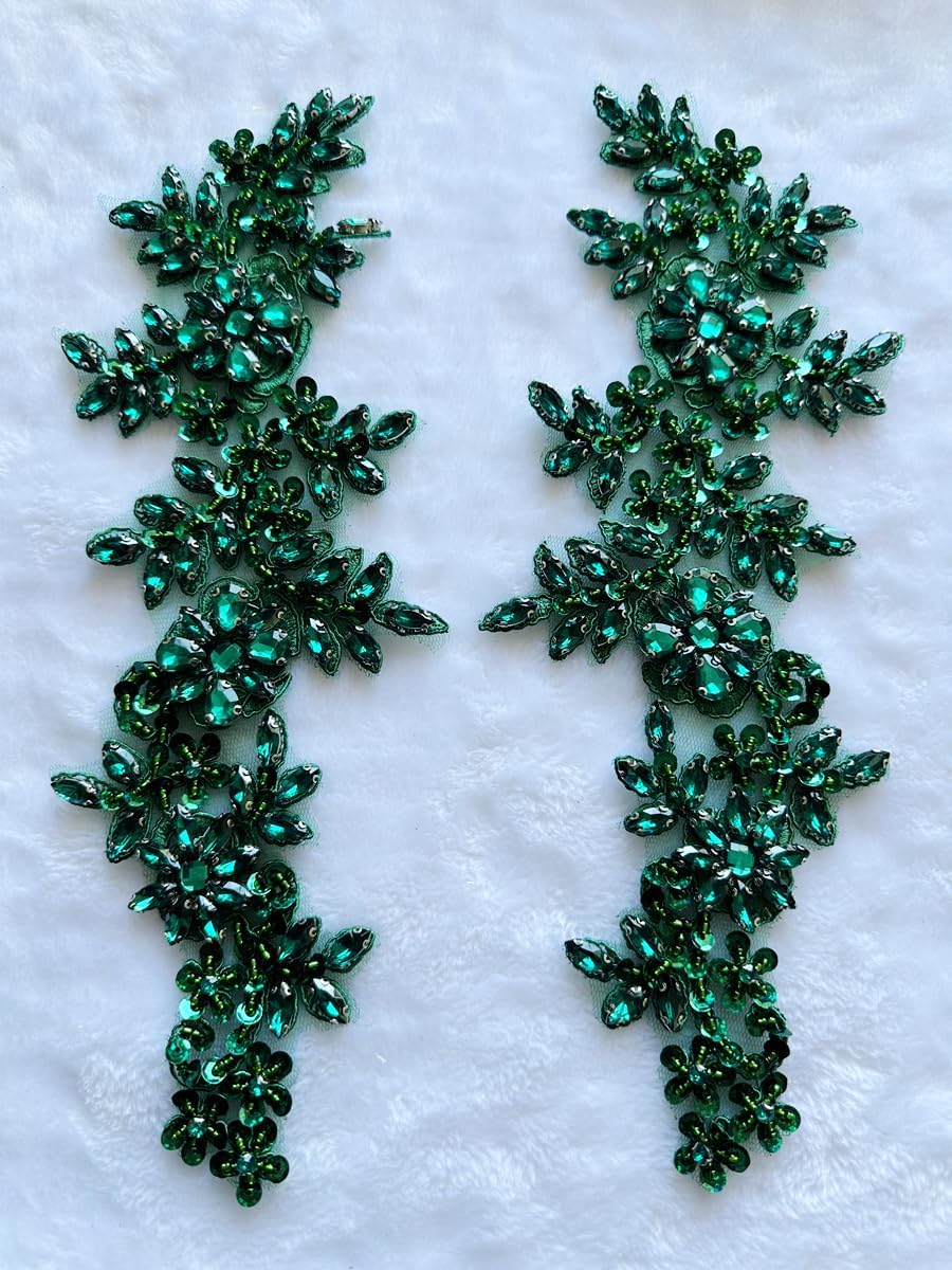 Handmade Rhinestones on lace Applique Sewing Beads Sequins Trim Patches for Wedding Dress Accessories 1 Pair/Bag (Deepgreen)
