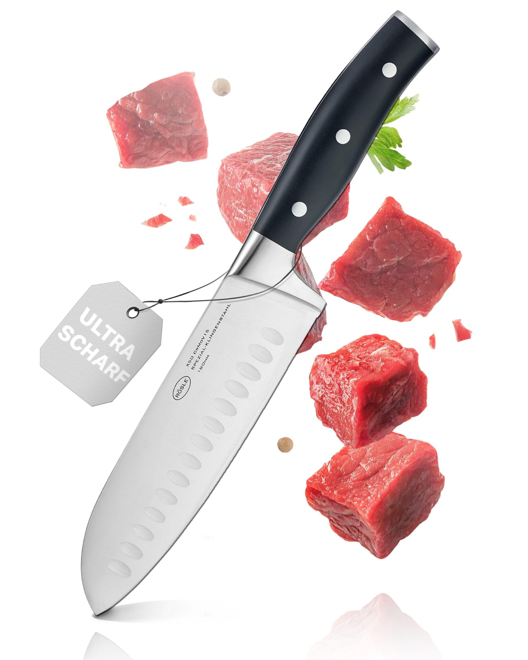 RÖSLE Coltello da chef Tradition per tagliare carne, pesce, pollame e verdura, di alta qualità, con lama dritta in acciaio speciale per lame e manico in resina acetalica nera, protezione per dita