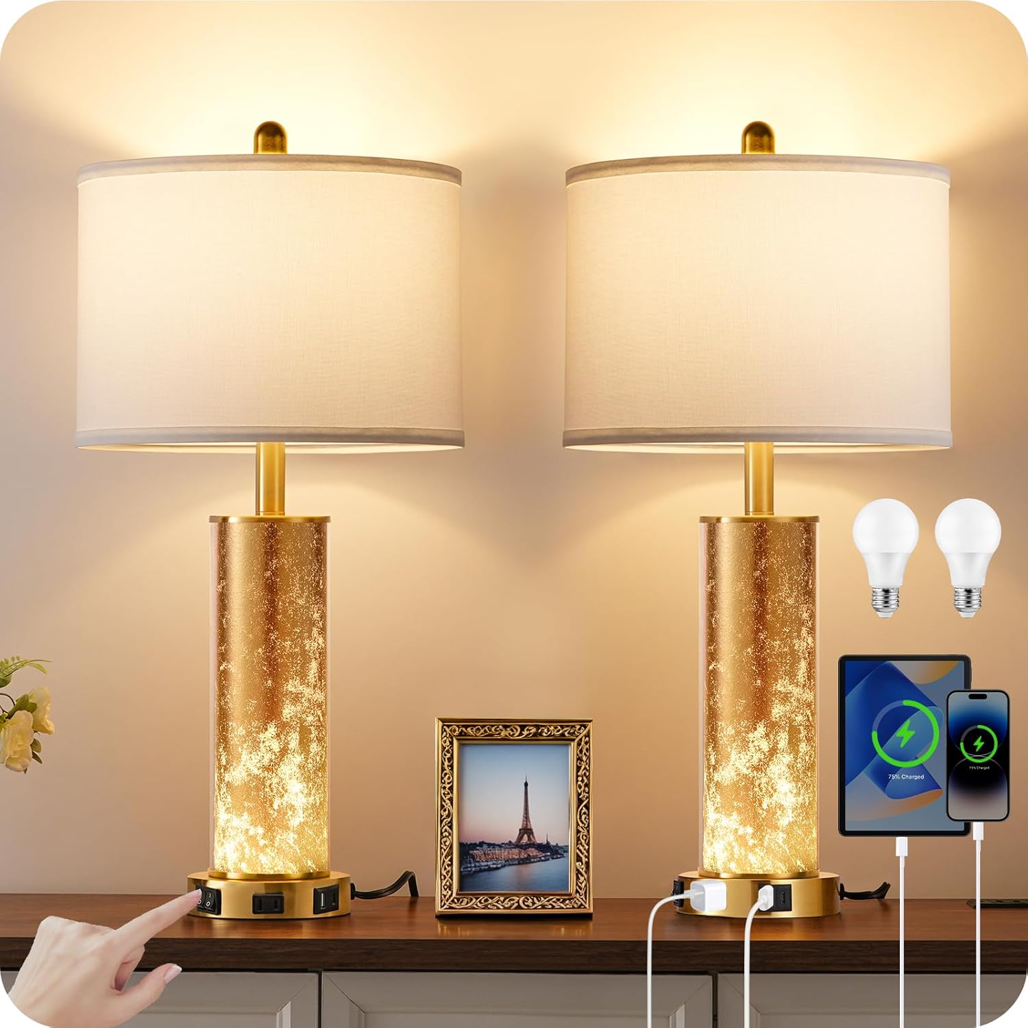 25.6" Gold Table Lamps Set of 2, Tall Bedside Lamps with Nightlight, Modern Nightstand Lamp with USB Ports, Desk Lamp for Bedroom, Living Room, Office, LED Bulbs Included W01TL05