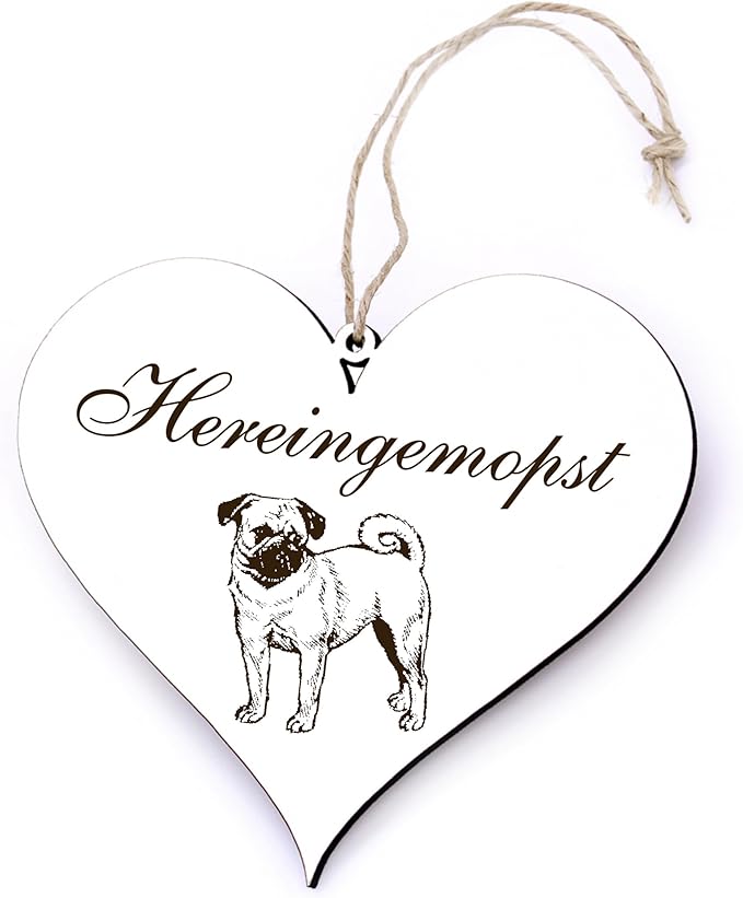 Dekoschild Herz „Hereingemopst“ mit Mops Motiv – Holzschild zum Aufhängen, lustige Türdekoration für Hundeliebhaber