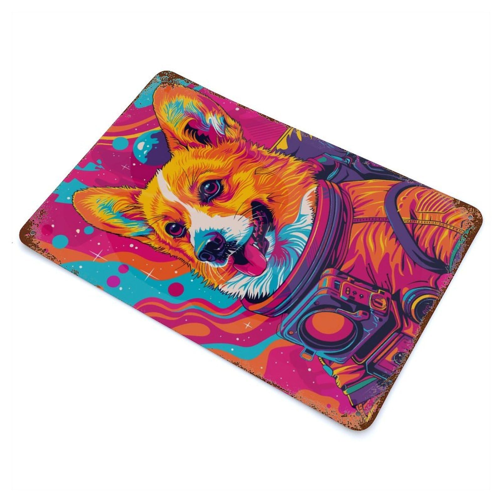 Garage Style Astronaut Corgi Space Vintage Rust Metal Sign 11.8"x7.9", Retro Wall Decor for Bar And Workshop
