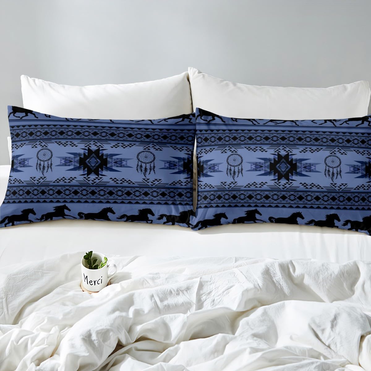 jejeloiu Boho Fitted Sheet Twin Size Kids Southwestern Native Aztec Bedding Set for Boys Girls Teens Southwest Native American Design Bed Sheets Set Navy Blue