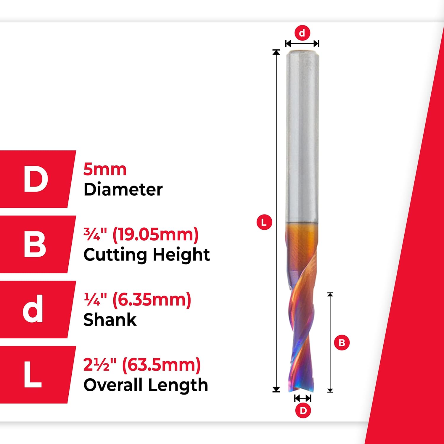 Amana Tool Solid Carbide Spektra Extreme Tool Life Spiral Plunge Router Bit Down-Cut, 46211-K, 5mm Dia x 3/4 CH x 1/4 Shank 2-1/2 Inch Long
