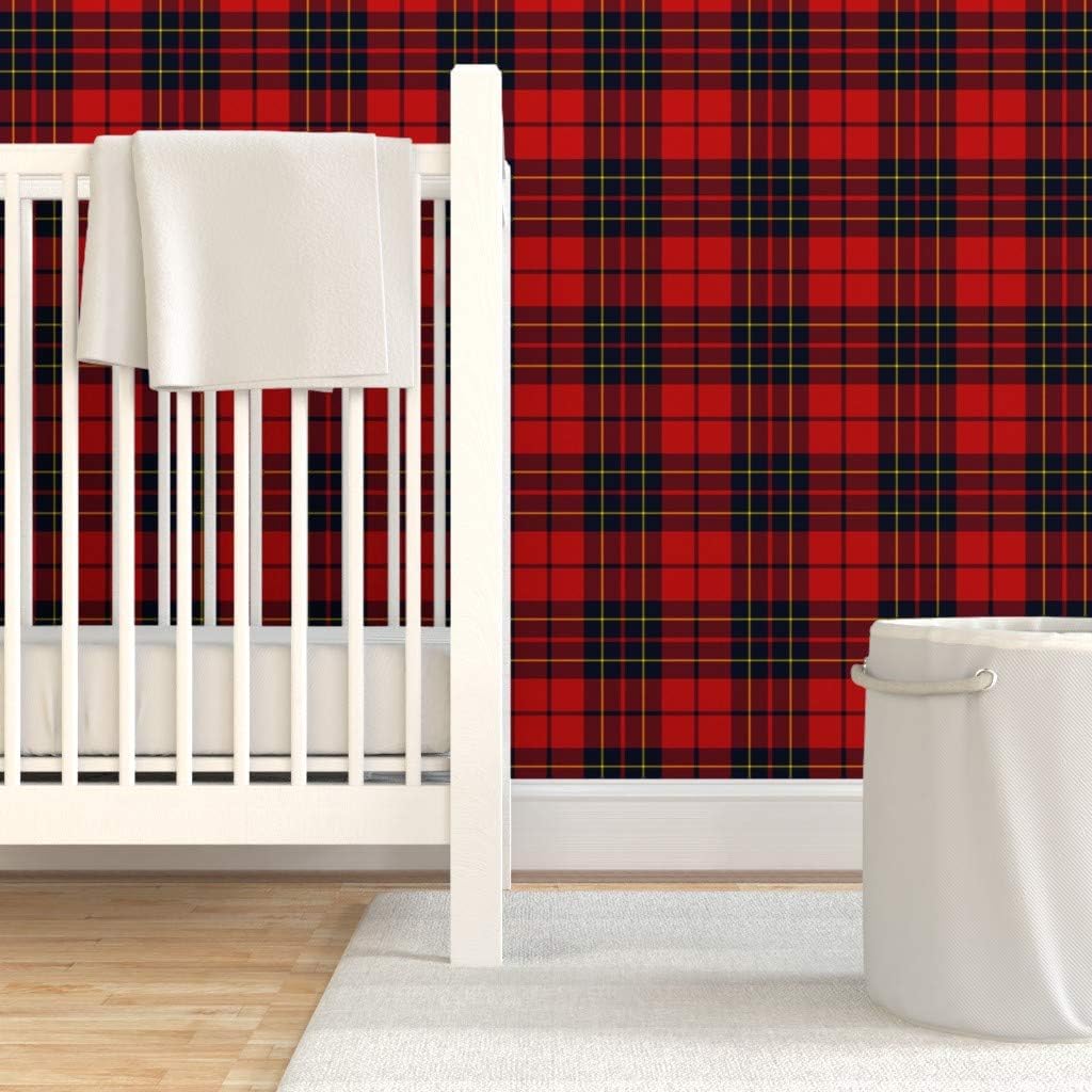 Peel & Stick Wallpaper 3ft x 2ft - Tartan Red Scottish Plaid Classic Black Yellow Rustic Home Decor Check Striped Custom Removable Wallpaper by Spoonflower