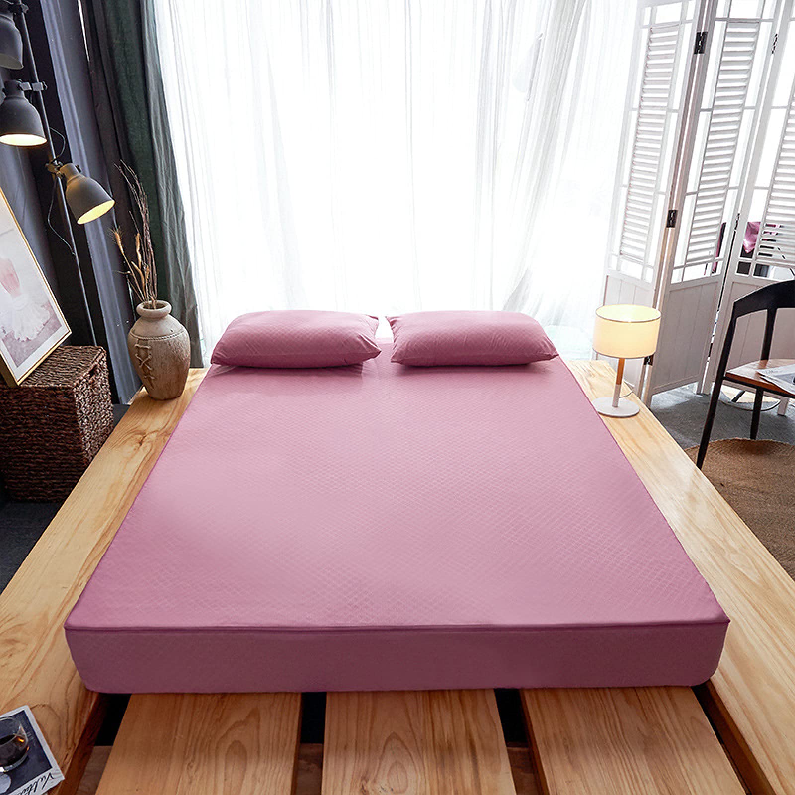Sábana bajera impermeable de 200 x 220 + 25 cm, protector de colchón extra profundo, de fácil cuidado, tela suave, resistente al encogimiento y a la decoloración, color rosa