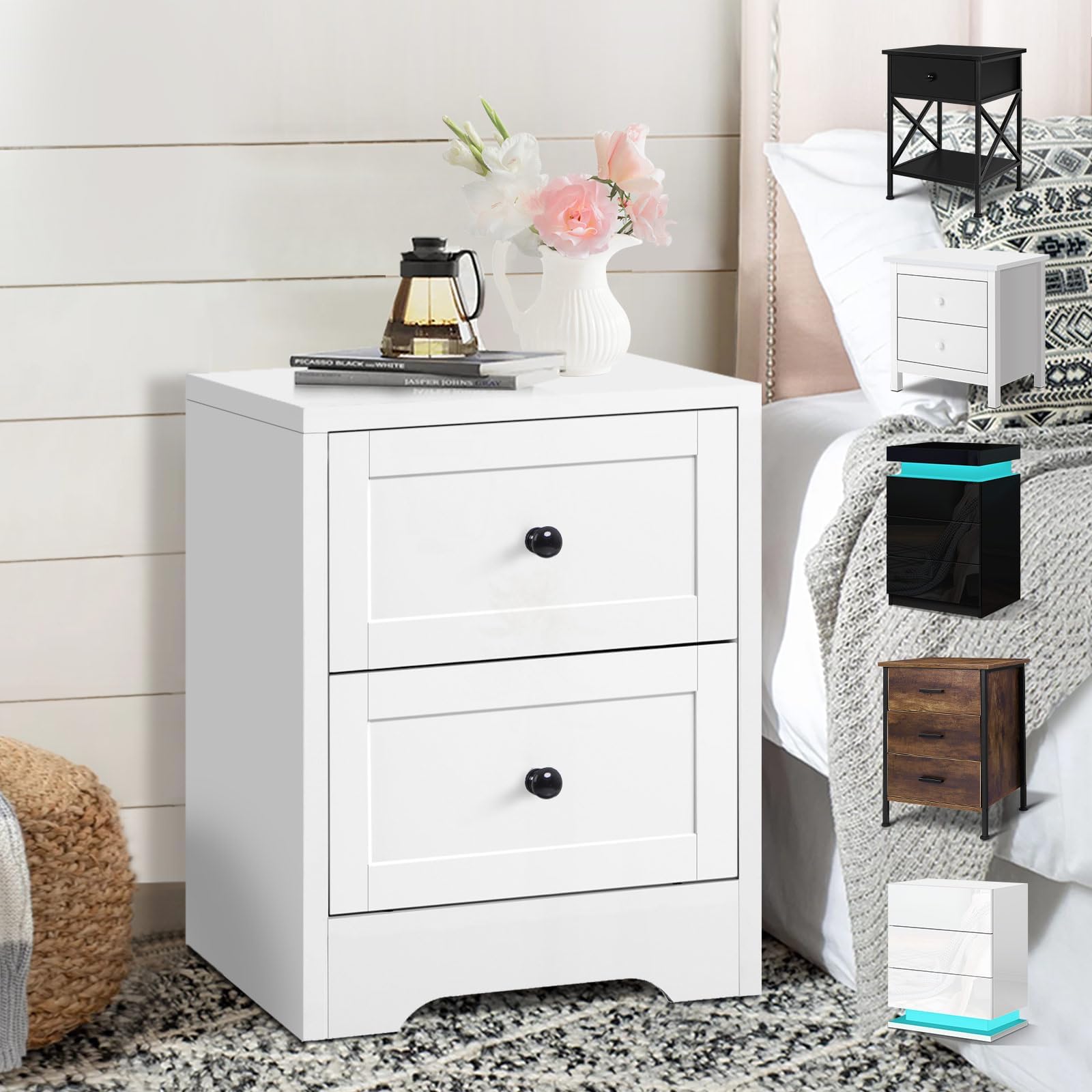 Yaheetech White Bedside Tables with 2 Storage Drawers, Contemporary ...