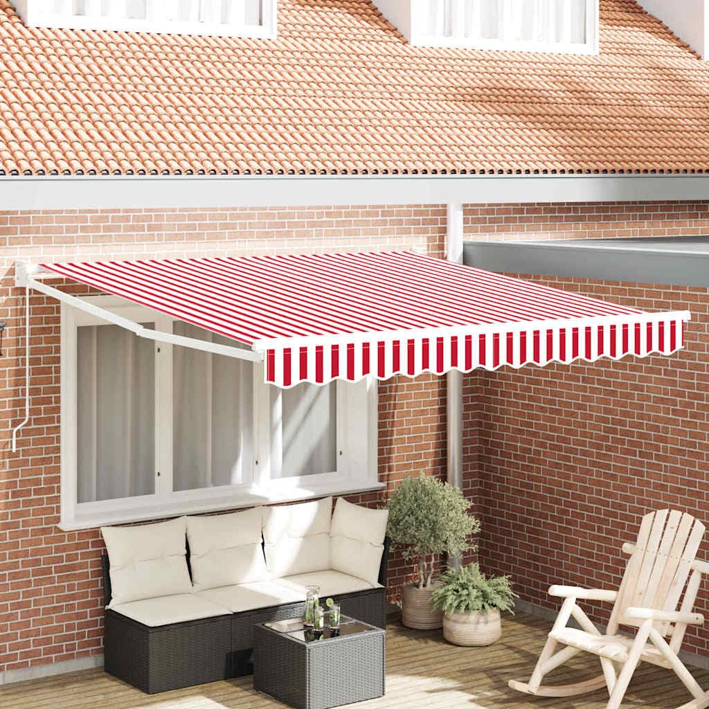 Auvent rétractable manuel 300x250 cm rouge et blanc en polyester et aluminium pour terrasse