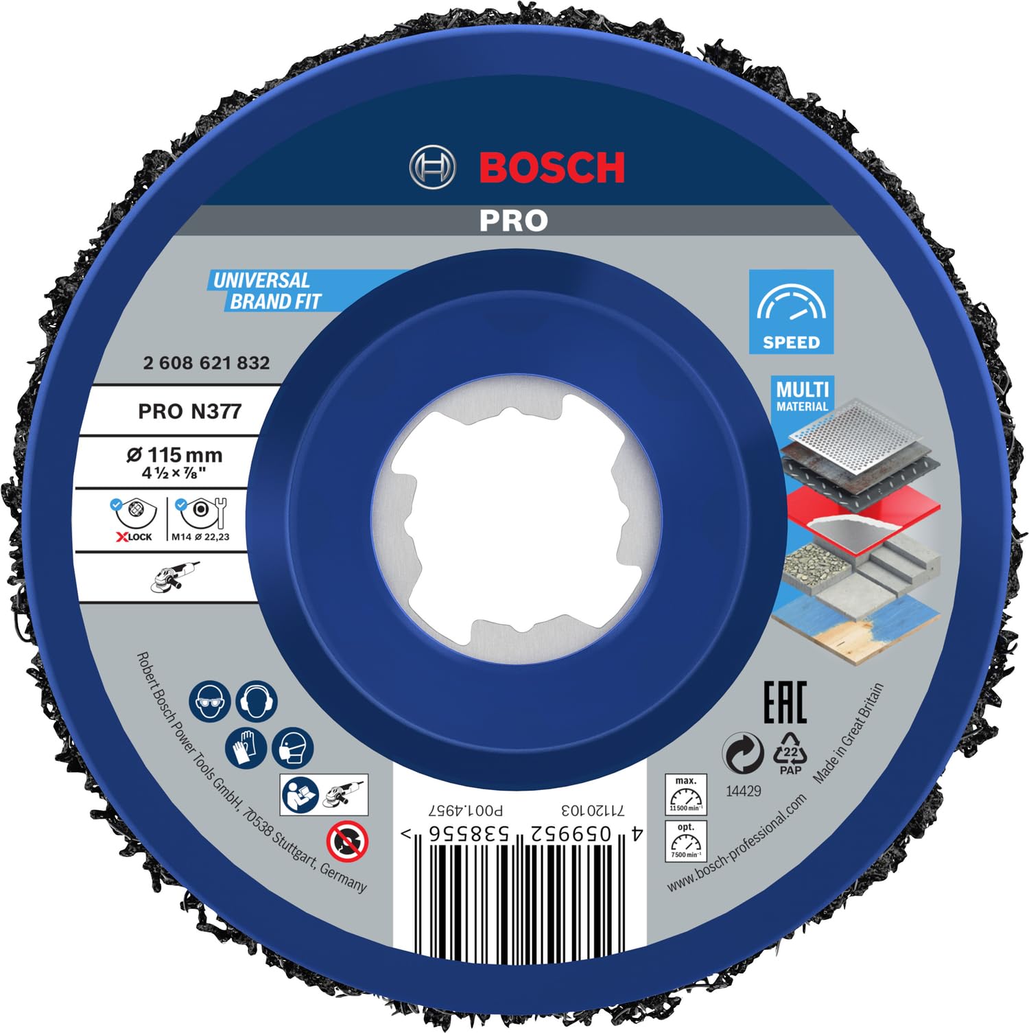 Bosch Bosch 1x PRO Multi Material Cleaning Disc N377 for Small Angle Grinders and X-Lock (for Steel sheets, Steel, Ø 115 mm, Grit, Pro