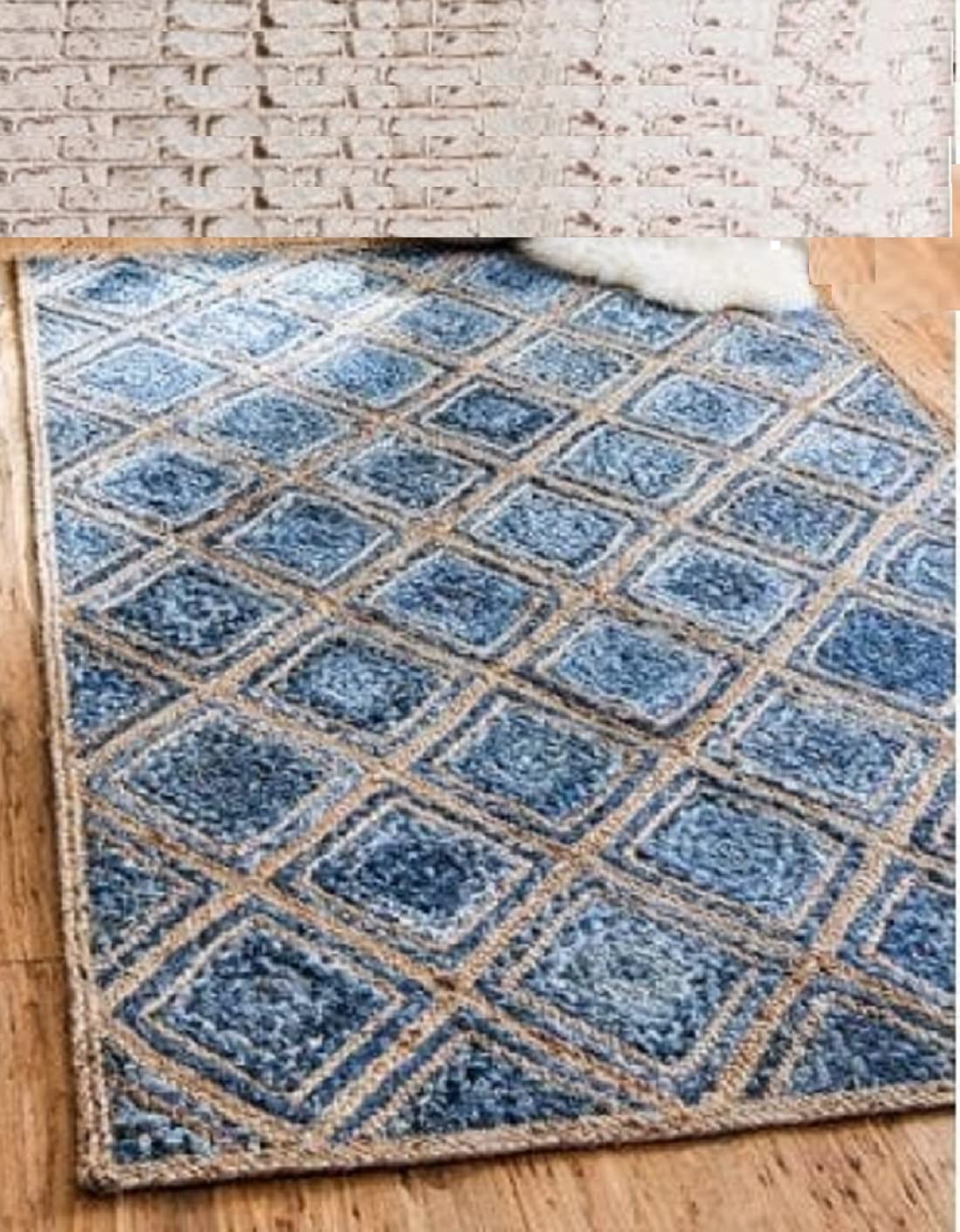 Bhuvan Handloom Jute and Denim Diamend Braided Reversible Hand Woven Rug |Carpet | Mat | Darri for Living Room |Bedroom | Office | Main Hall, Blue, 4x6 feet
