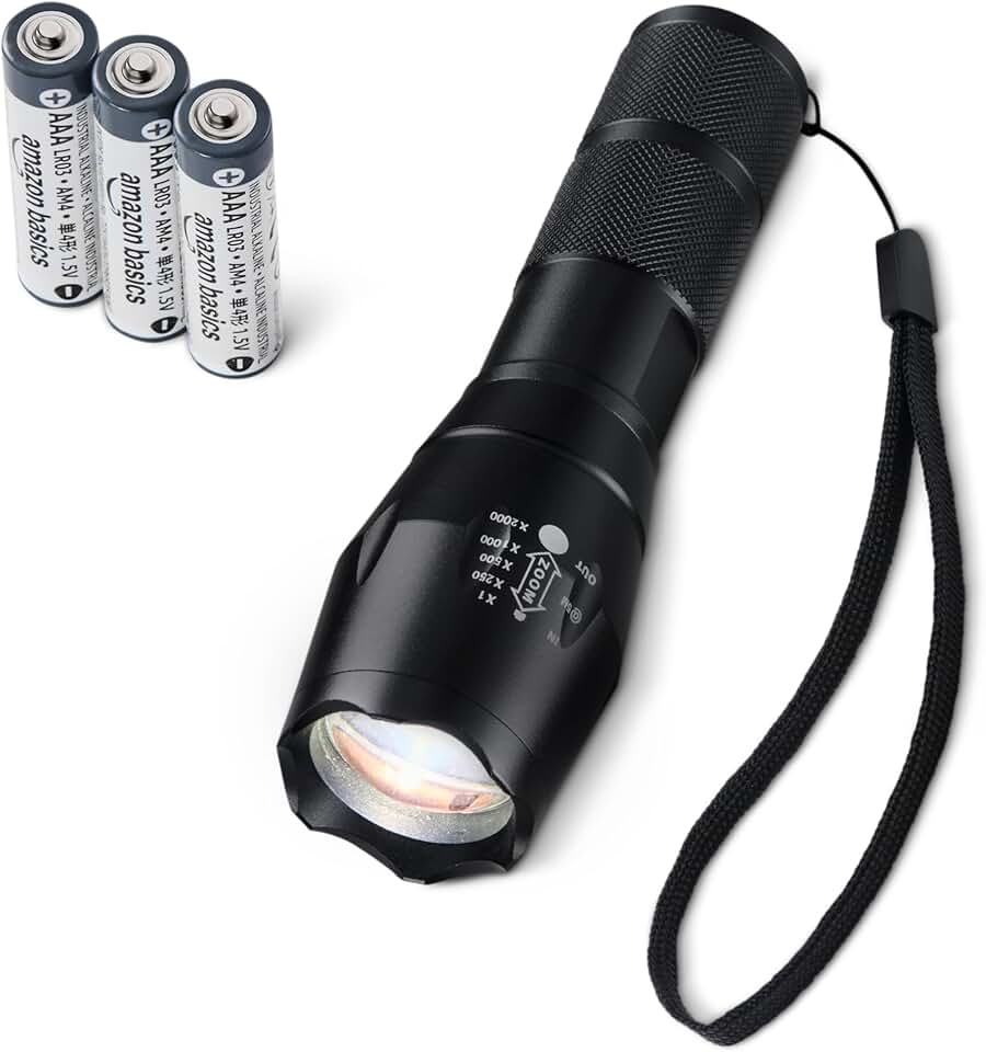 Handheld LED Flashlight, 200 high Lumen flashlights Adjustable Brightness Focus, Black