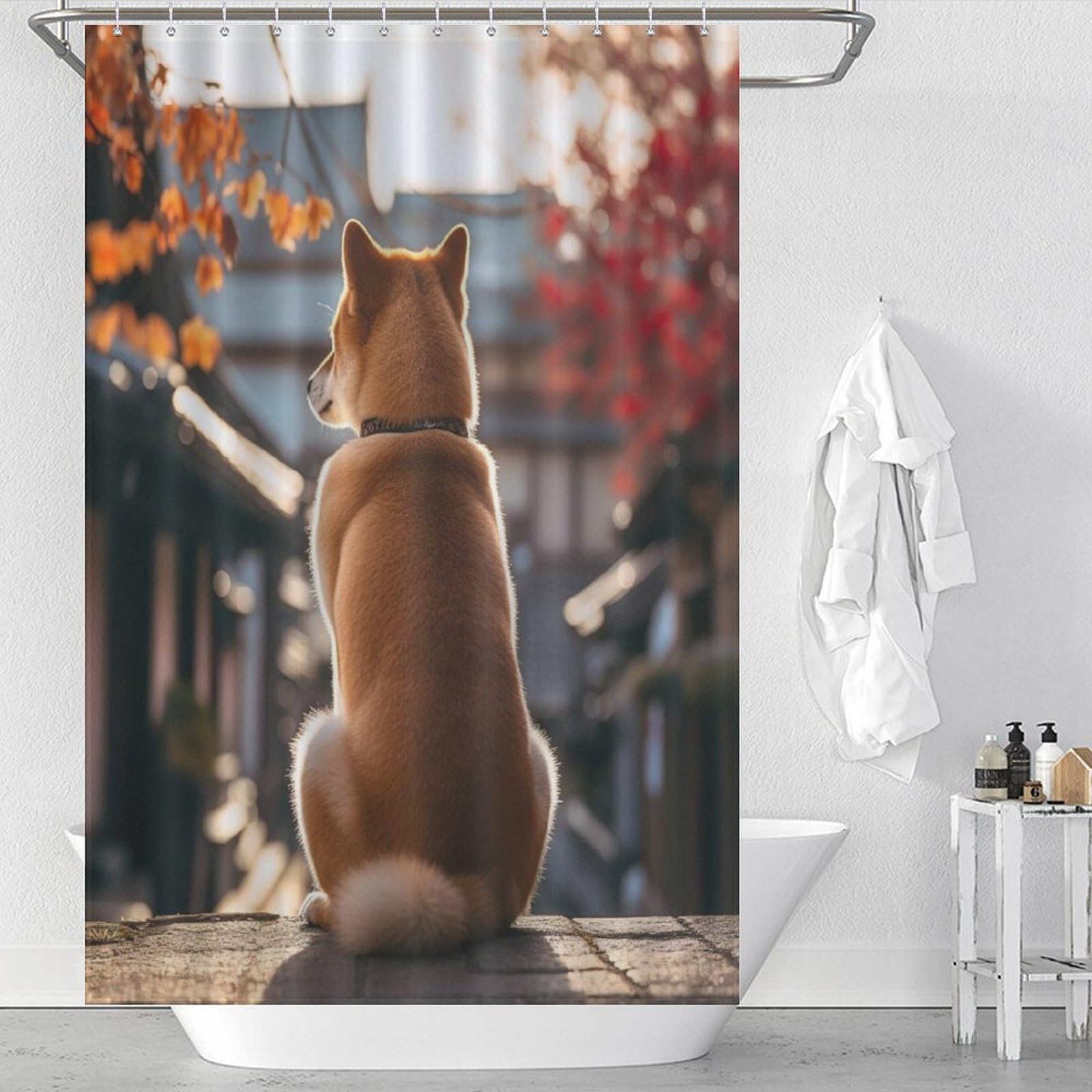 Rideau de douche chien en tissu imperméable et lavable 122x183cm pour salle de bain