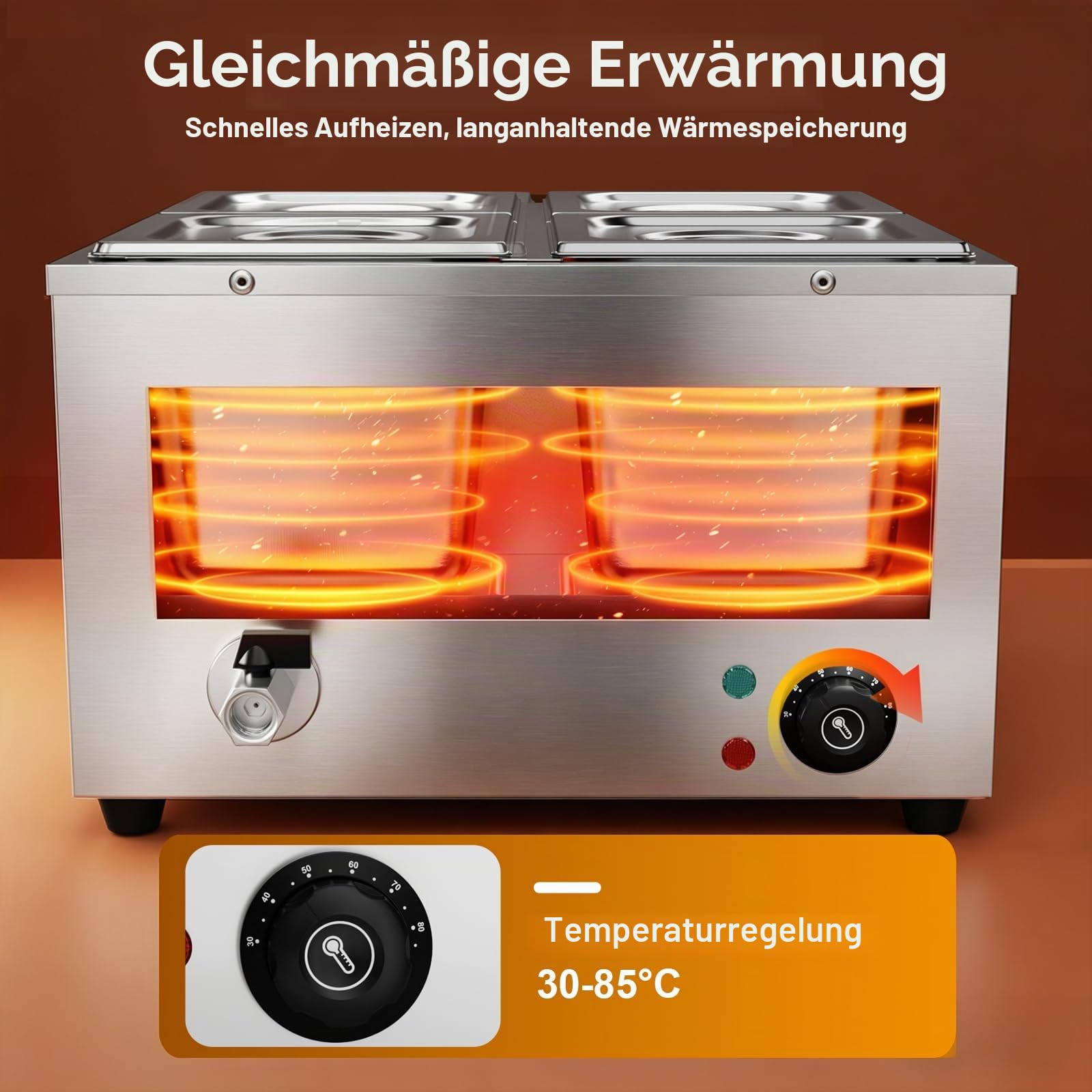 TAIMIKO Bain Marie Speisenwärmer 1500W Elektrisches Buffetwärmer 220V Schmelztopf Professioneller kommerzieller Tellerwärmer mit 4 x 1/6 Töpfen (4 Pots)