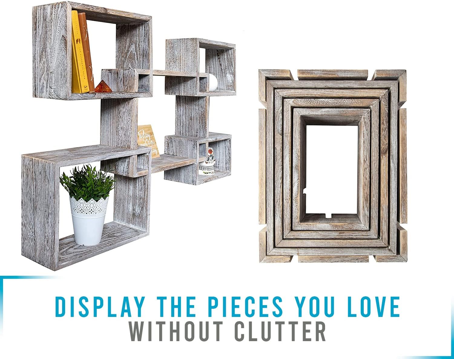 Rustic Wall Mounted Square Shaped Floating Shelves – Set of 5 Square Shelves for Bathroom, Bedroom, Living Room & More - Screws and Anchors Included – Wall Décor Display for Home - Distressed White