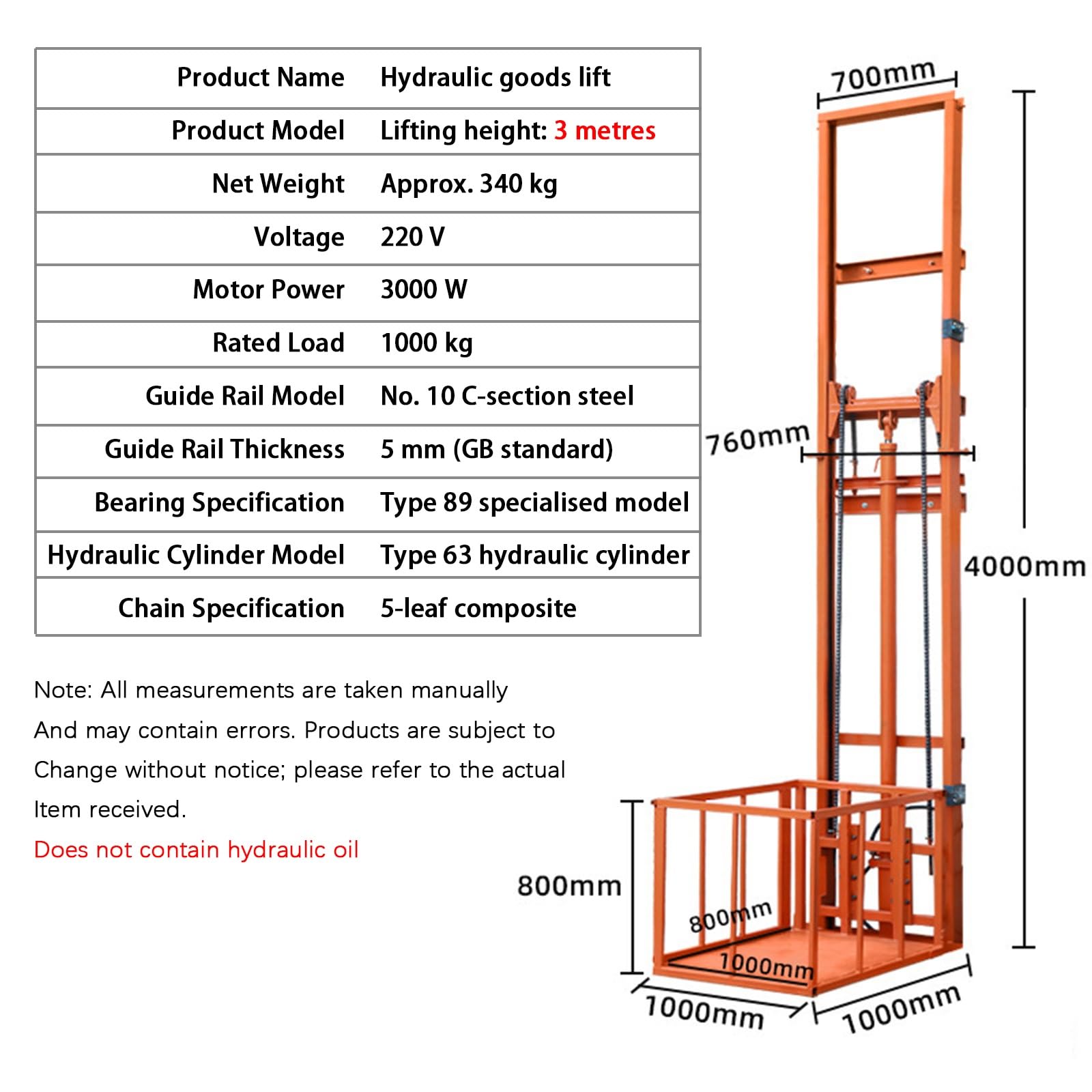 Elevatore idraulico per merci, piccola piattaforma di sollevamento con radiocomando, funzione stop ovunque, ideale per magazzini e banchine