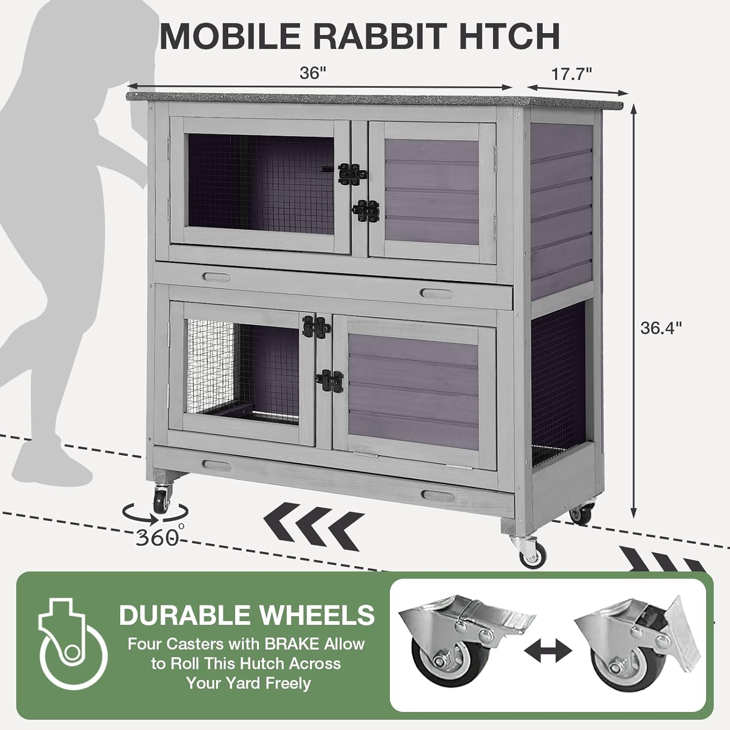 Rabbit Hutch with Trap Door Indoor Rabbit Cage with 4 Casters Bunny cage 2 Story & 2 Trays Guinea Pig Cage 36 inchs Bunny Cage
