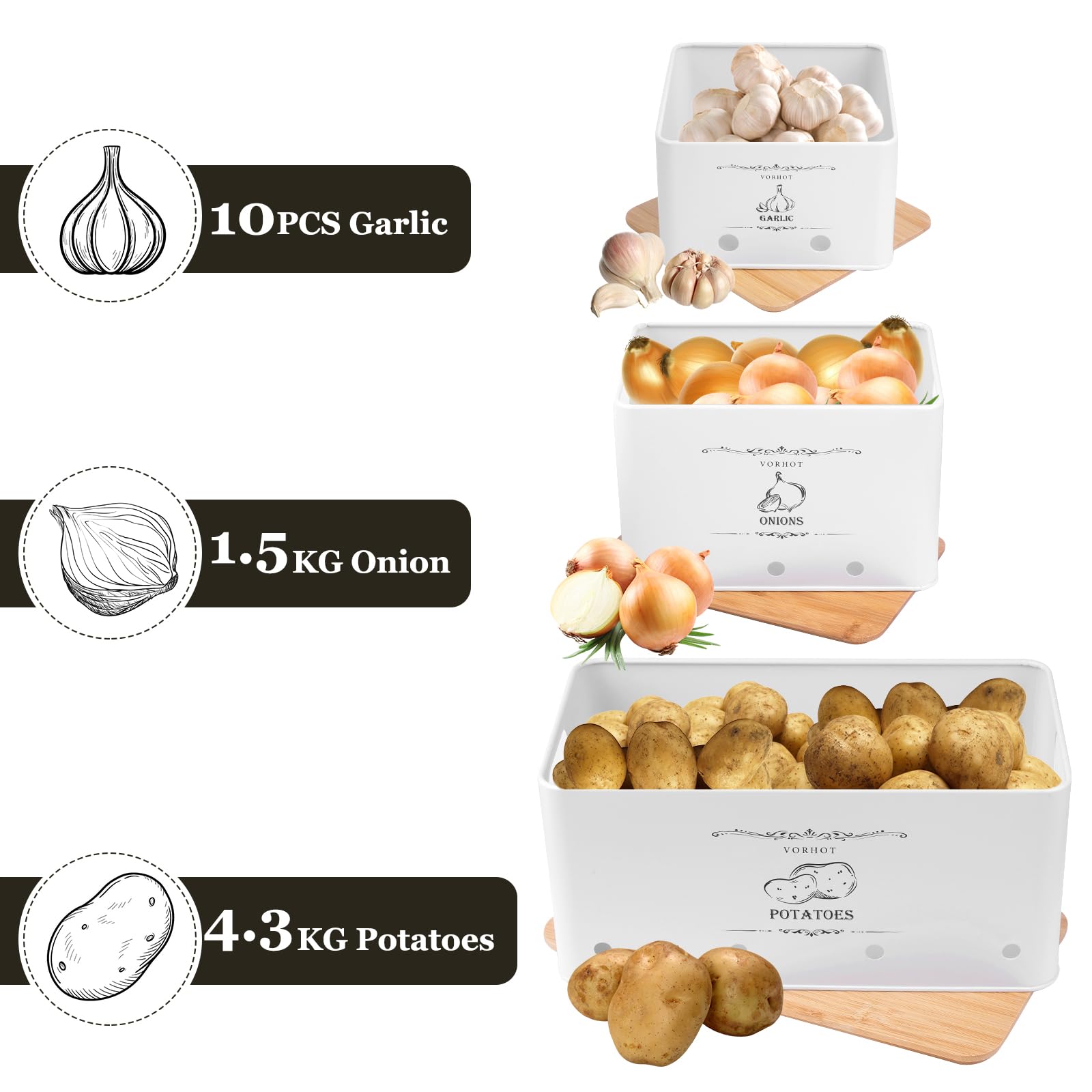 Porta Patate Cipolle Aglio, Set di 3 Contenitore Patate e Cipolle e Aglio, Porta Cucina con con Coperchio in Bambù e Fori di Ventilazione, Bianco