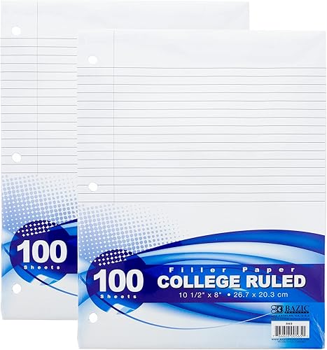 BAZIC - Papel de relleno de hojas sueltas, 100 hojas, con 3 agujeros perforados para carpetas de anillos, para oficina, escuela, estudiantes,