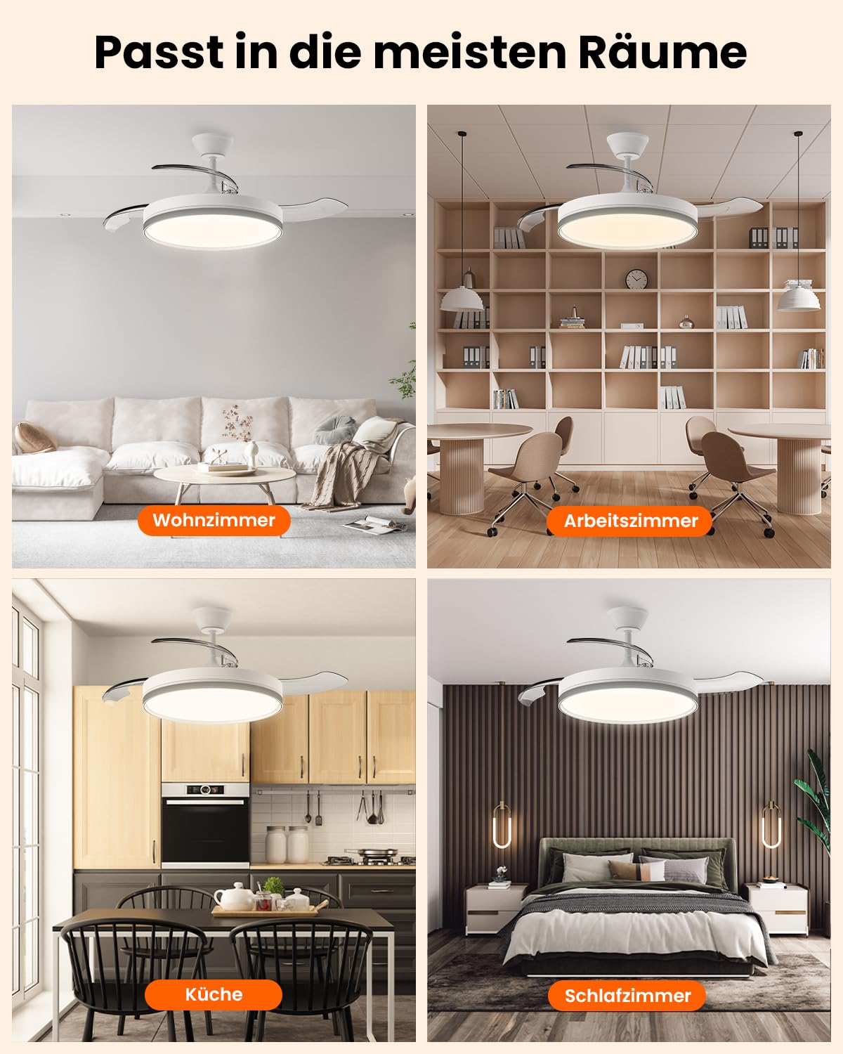 Airwit 106cm Einziehbares Deckenventilator mit Beleuchtung und Fernbedienung, 3 Farbtemperaturen Lampe mit Ventilator, Leise Deckenventilator mit Licht DC Motor für Wohnzimmer, Schlafzimmer