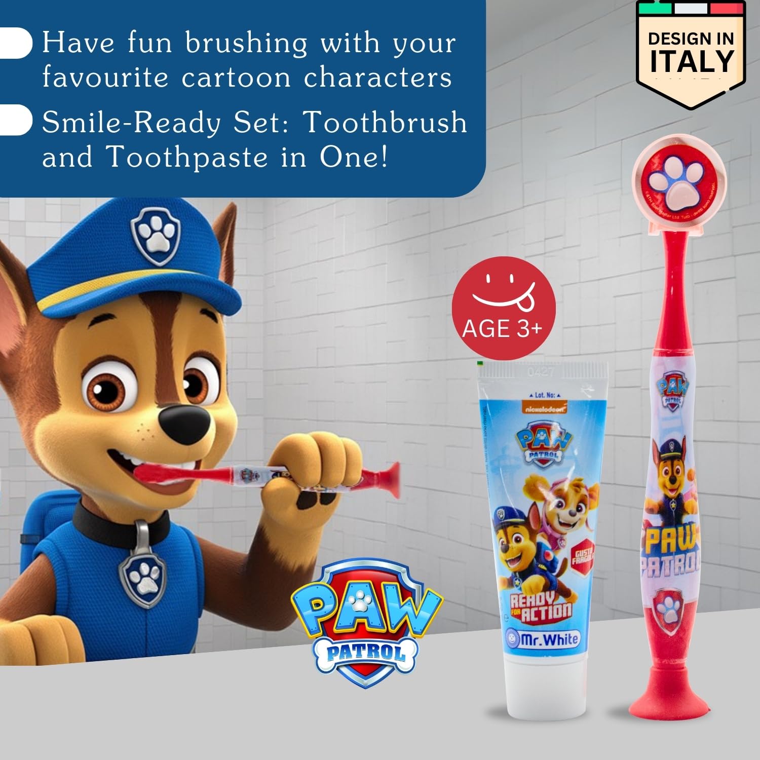 Paw Patrol, set da viaggio per bambini, include dentifricio aromatizzato alla fragola e spazzolino a setole morbide con ventosa e tappo protettivo, kit per l'igiene orale adatto ai viaggi per bambini