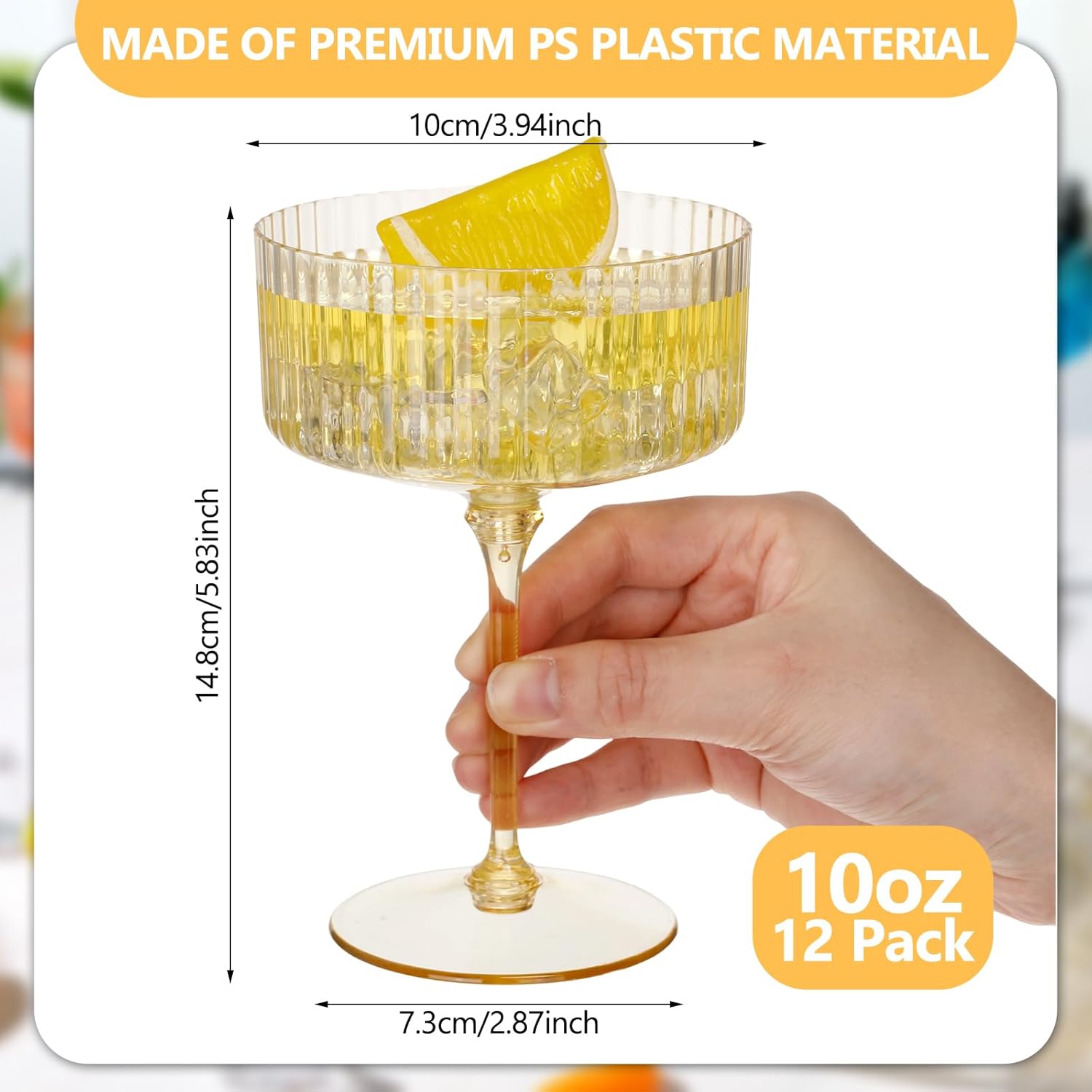 12 pcs ribbed martini glasses 10 oz disposable plastic vintage ribbed coupe glasses unbreakable dessert parfait glassware for wedding birthday party supplies (gold) gold 12