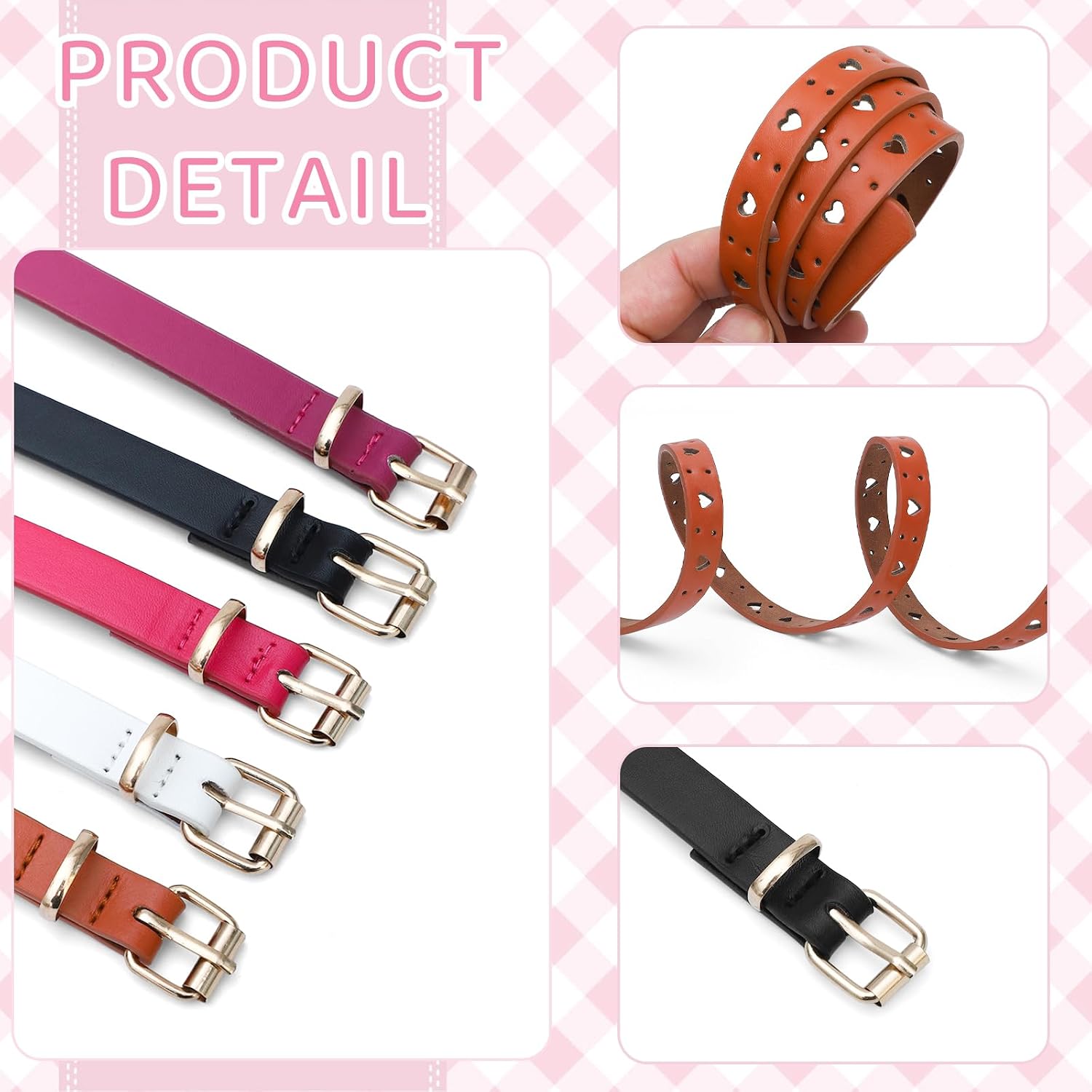 NEWITIN 5 Pieces Girls Belt Durable PU Leather Belts Metal Buckle Heart Circle Hole Youth Toddler Belt for Uniform Casual