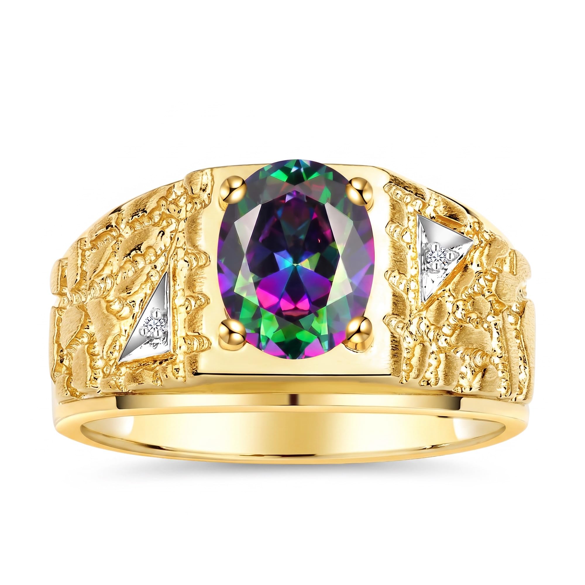 Rylos Men's Rings Designer Nugget Ring: Oval 9X7MM Gemstone &amp; Sparkling Diamonds - Color Stone Birthstone Rings for Men, Yellow Gold Plated Silver Rings in Sizes 8-13. Mens Jewelry