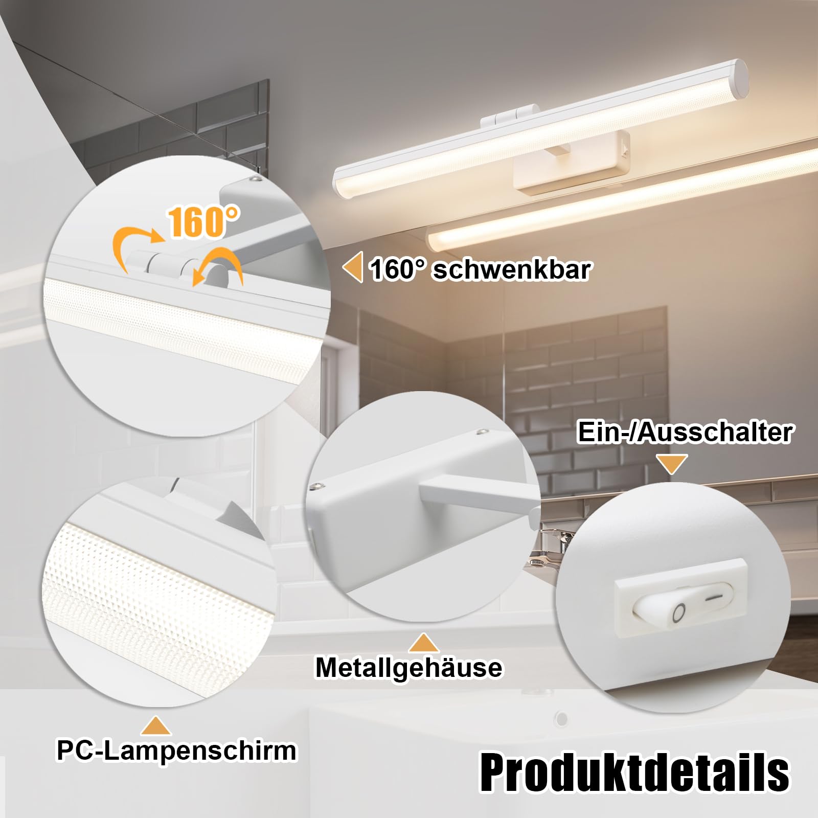 OOWOLF Lampada da Parete per Specchio Bagno 45cm 12W LED, Luce Regolabile 3 Temperatures (3000K-6500K) con Interruttore, Faretti Orientabili per Quadri, Vanità, Soggiorno e Corridoio