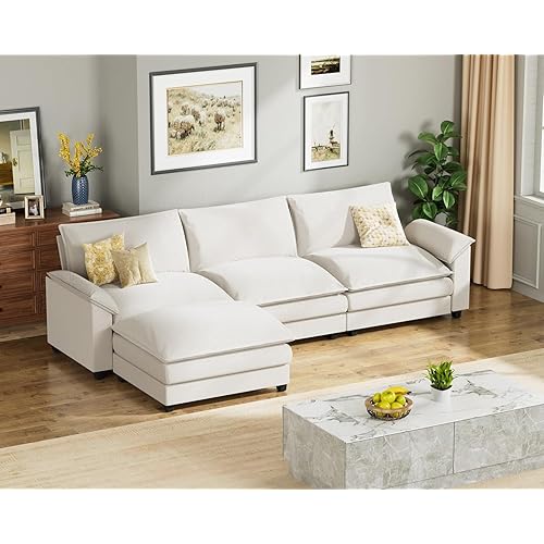 Homall 119" Modular Sectional Sofa, L Shaped Sofa Couch with Reversible Ottoman, DIY Combination Chenille Deep 3-Seat Cloud Couch for Living Room, Apartment (White, L Shaped Sofa)
