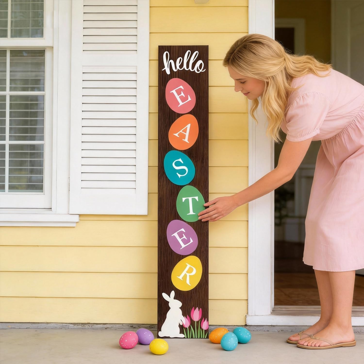 Happy Easter Porch Sign: 47" Wood Framed Bunny Rabbit Flower Decorations Easter Welcome Sign for Front Door, Rustic Farmhouse Hanging Standing Porch Leaner Yard Signs Decor for Garden Home - Image 5