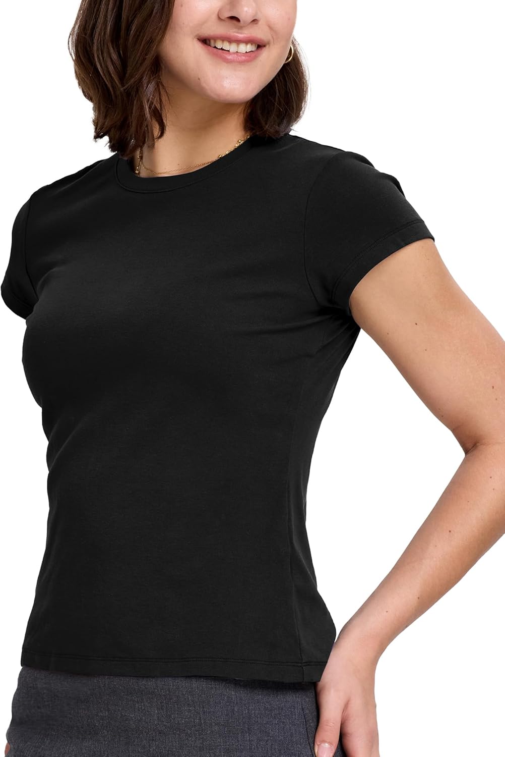 FAIABLE Women's Cotton Baby Tee Stretch Fitted Short Sleeve Crew Neck T-Shirt Slim Fit Basic Top - Image 3