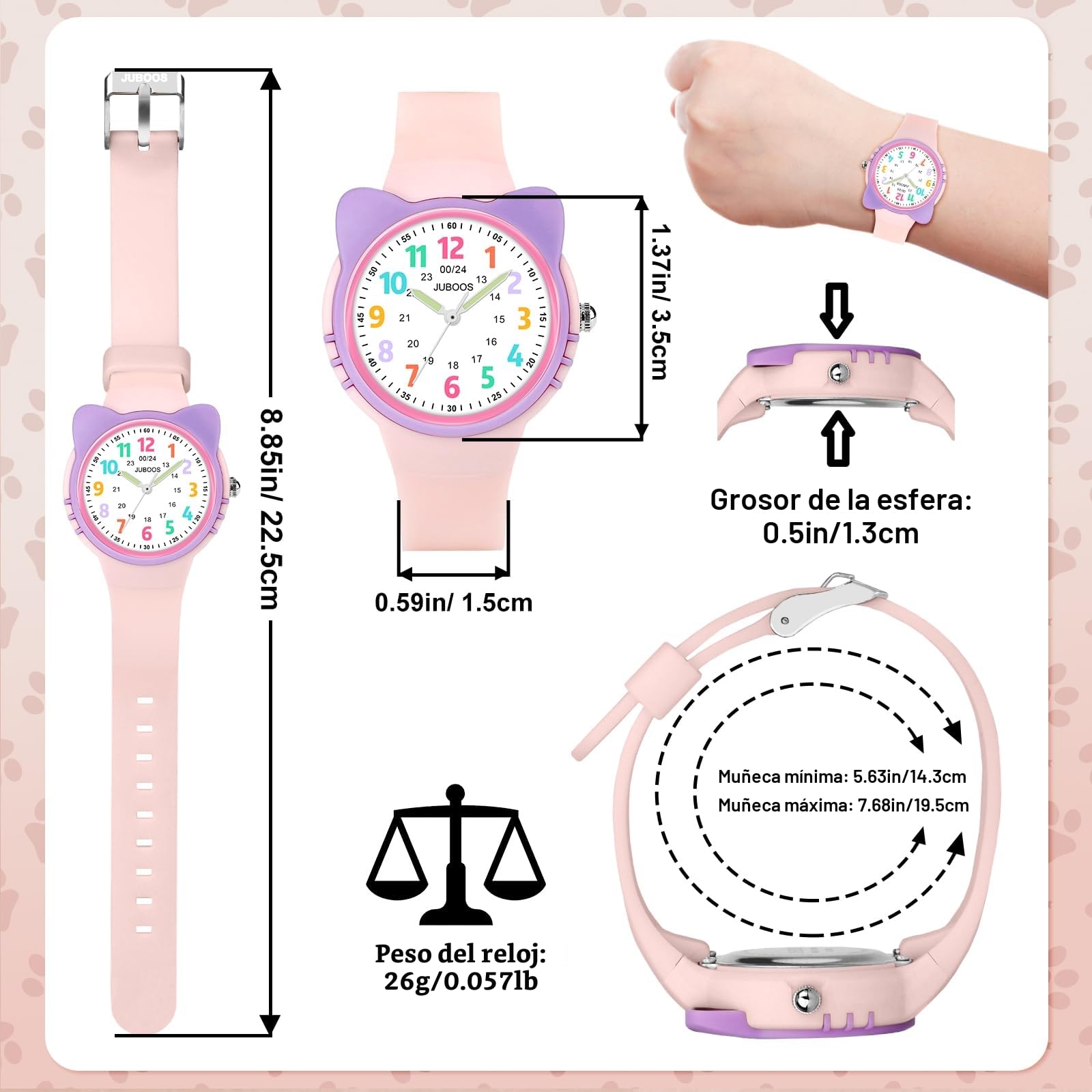 Juboos Reloj Analógico Niños Niñas Aprender La Hora 30ATM Reloj Fácil De Leer 4-12 Años Gran Regalo De Cumpleaños