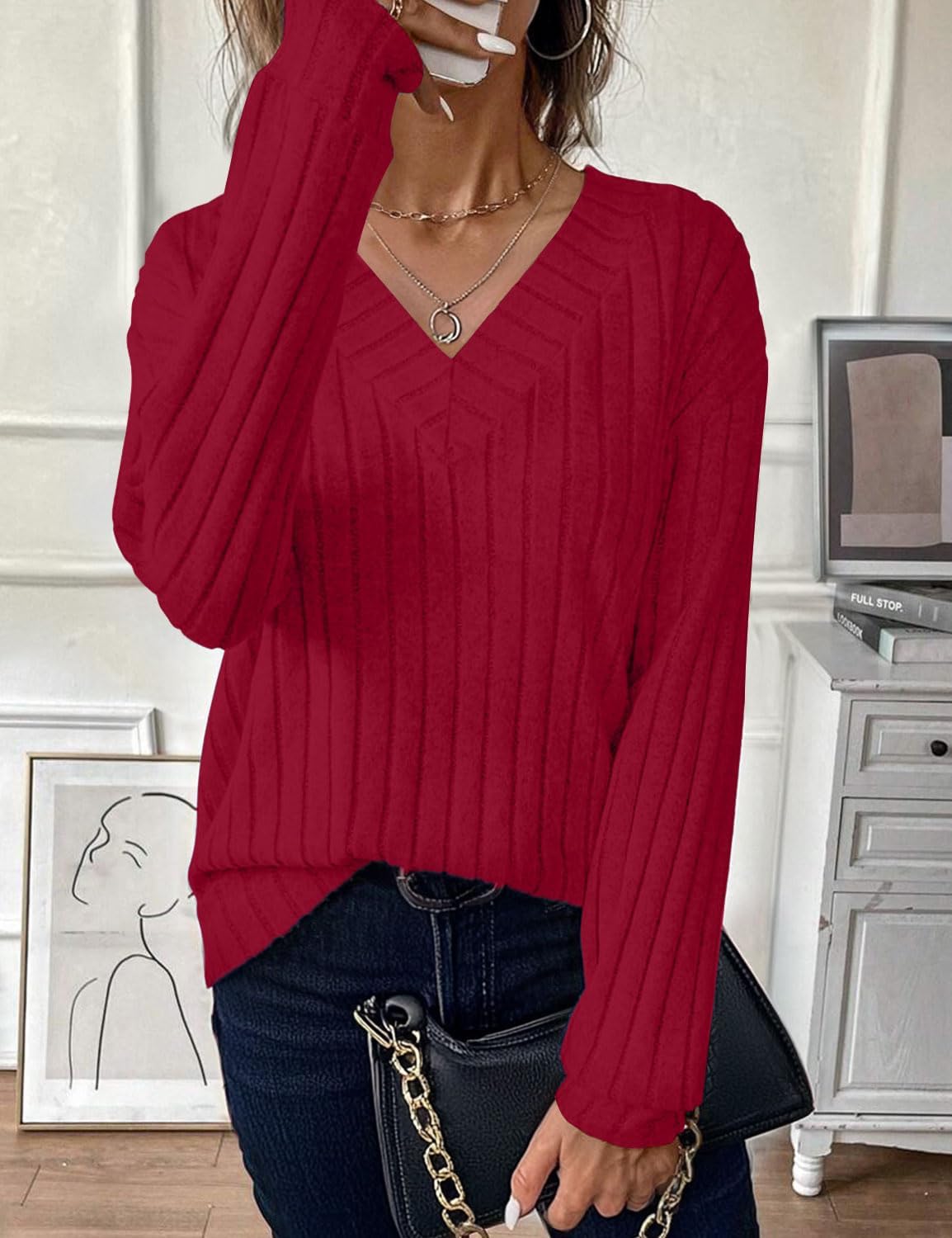 JUSTFASHIONNOW Long Sleeve V Neck Shirts for Women Fall Tops Lightweight Sweaters Dressy Casual Tunic Tops 2025 Outfits - Image 2