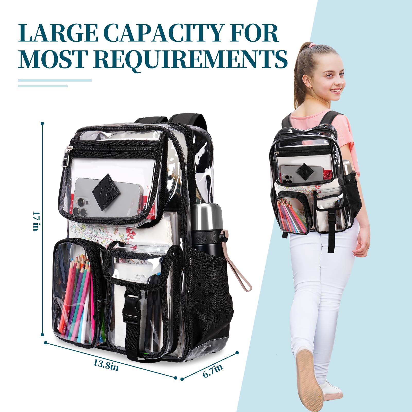 Grande zaino trasparente resistente – multi-tasche trasparente Bookbag Stadium approvato con cinghie rinforzate impermeabile zaino trasparente per adulti, lavoro, concerti, viaggi,