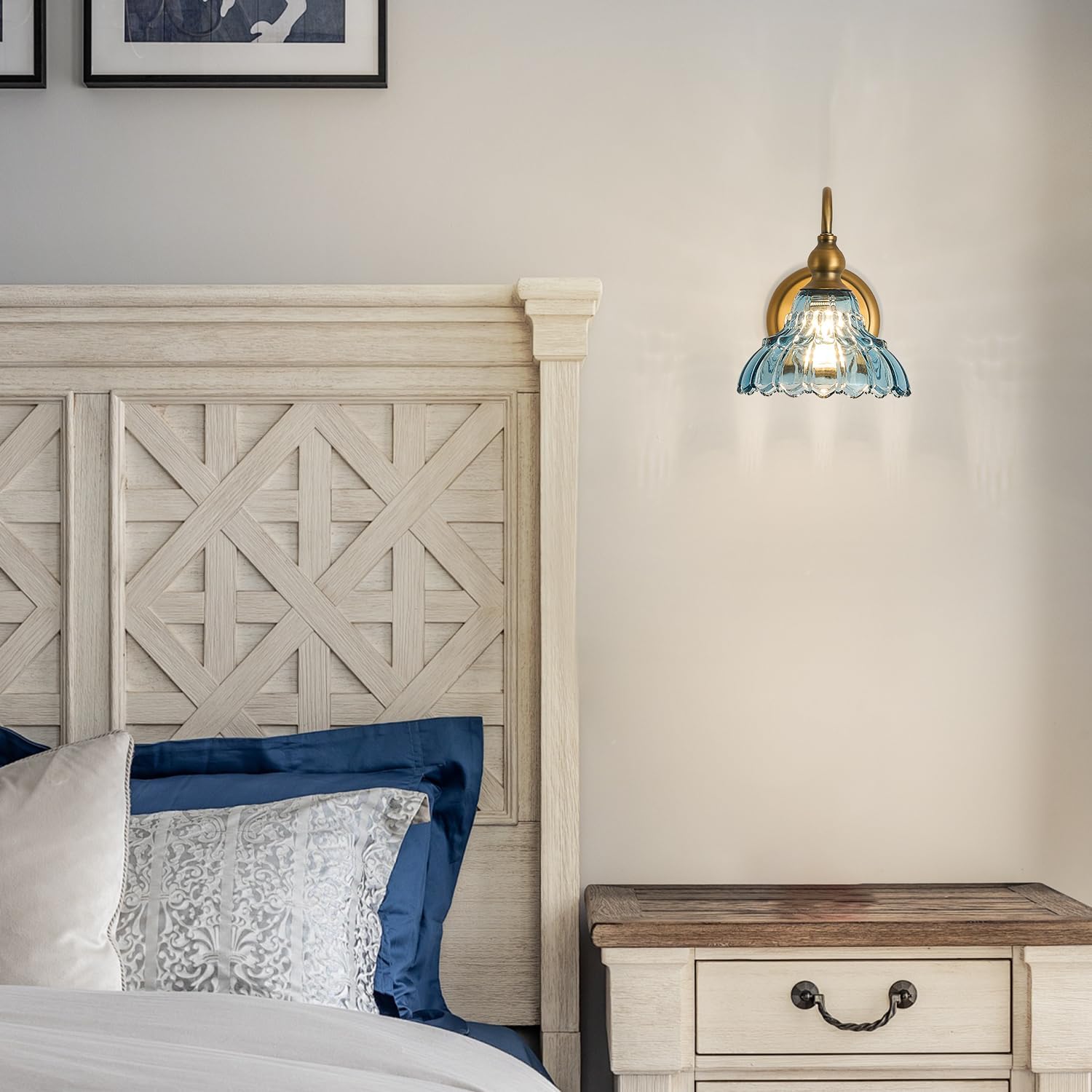 Vintage Blue Glass Lampshade Bedroom Wall Sconces 1-Light Hardwired Wall Mount Bathroom Wall Sconce Light Fixtures for Hallway Kitchen Dress Room