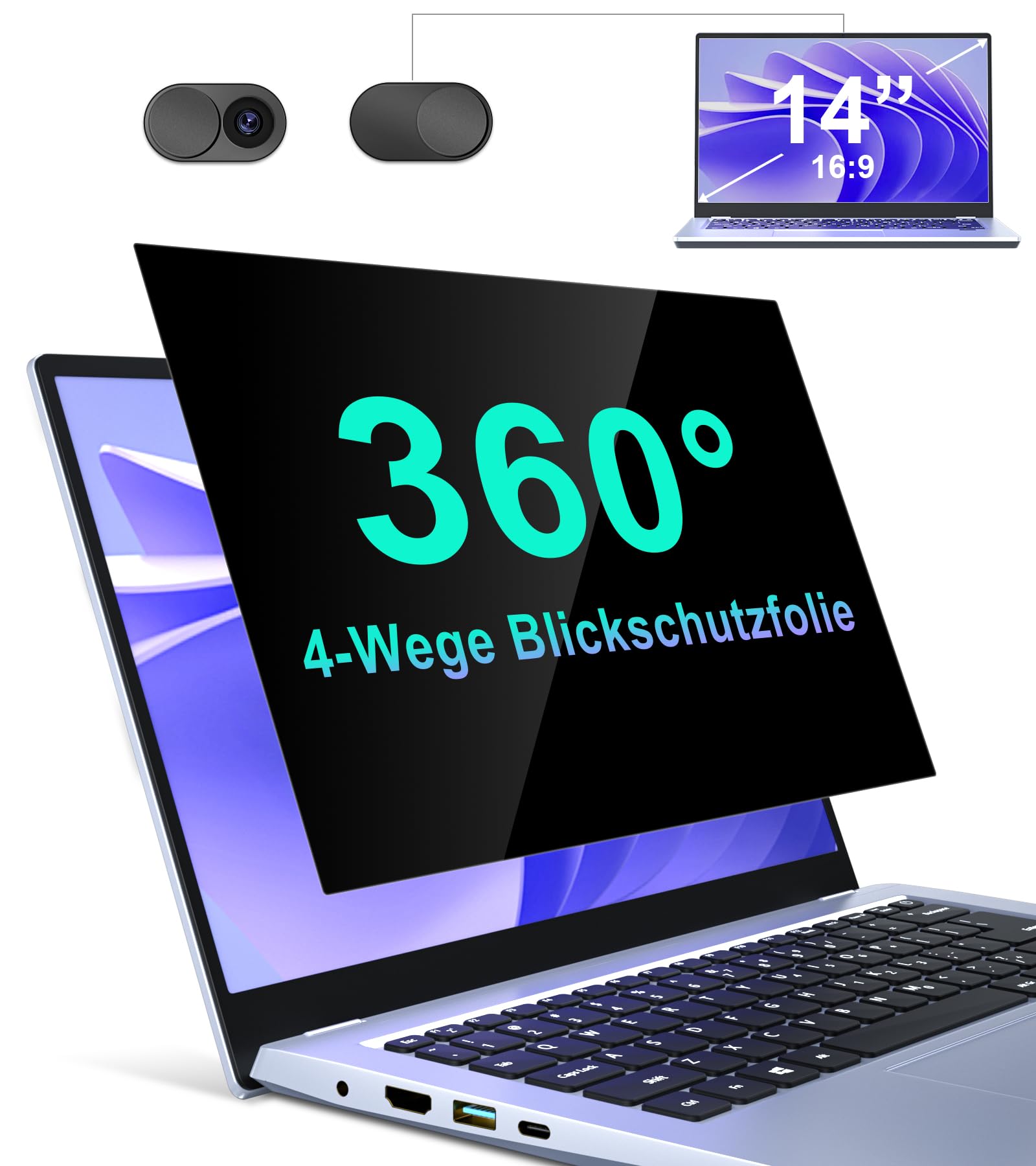 STARY 360° Laptop Blickschutzfolie 14 Zoll 16:9, Sichtschutzfolie 4-Wege,Selbstklebende Anti Blaulicht Blendschutz Schutz Folie Kompatibel mit HP/Dell/Acer/Lenovo/Samsung/Asus (Breite12,2”xHöhe 6,9")