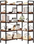 KOUSEI 6-Tier Bookshelf Reversible,Corner Bookcase 4 Hooks,69" Industrial Wooden Bookcase with Open Wide Shelves and Metal Frame for Living Room, Bedroom, Home Office,Brown