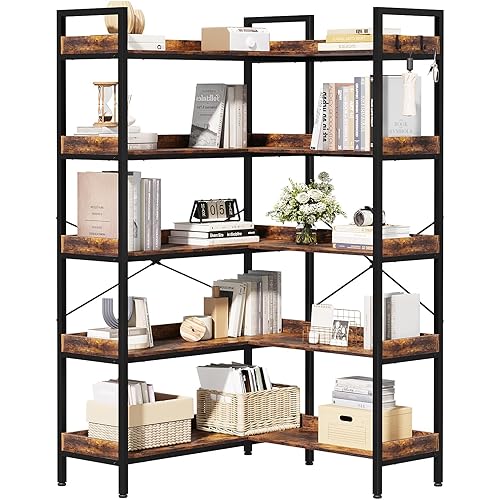 KOUSEI 5-Tier L-Shaped Reversible Corner Bookshelf, 65" Rustic Brown Industrial Wood & Metal Bookcase, Wide Open Shelves + 4 Hooks for Living Room/Bedroom/Home Office